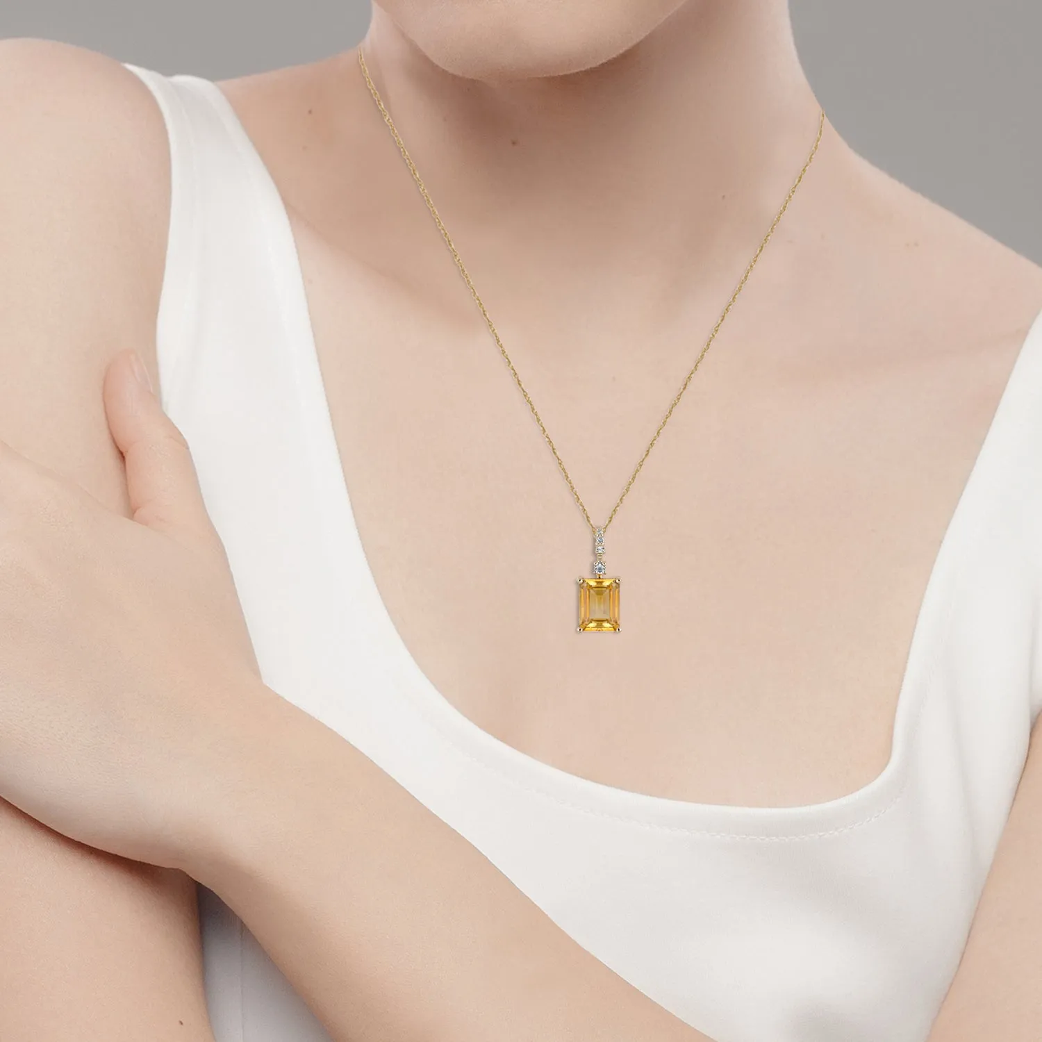 10k Yellow Gold Genuine Emerald Cut Citrine Pendant Necklace