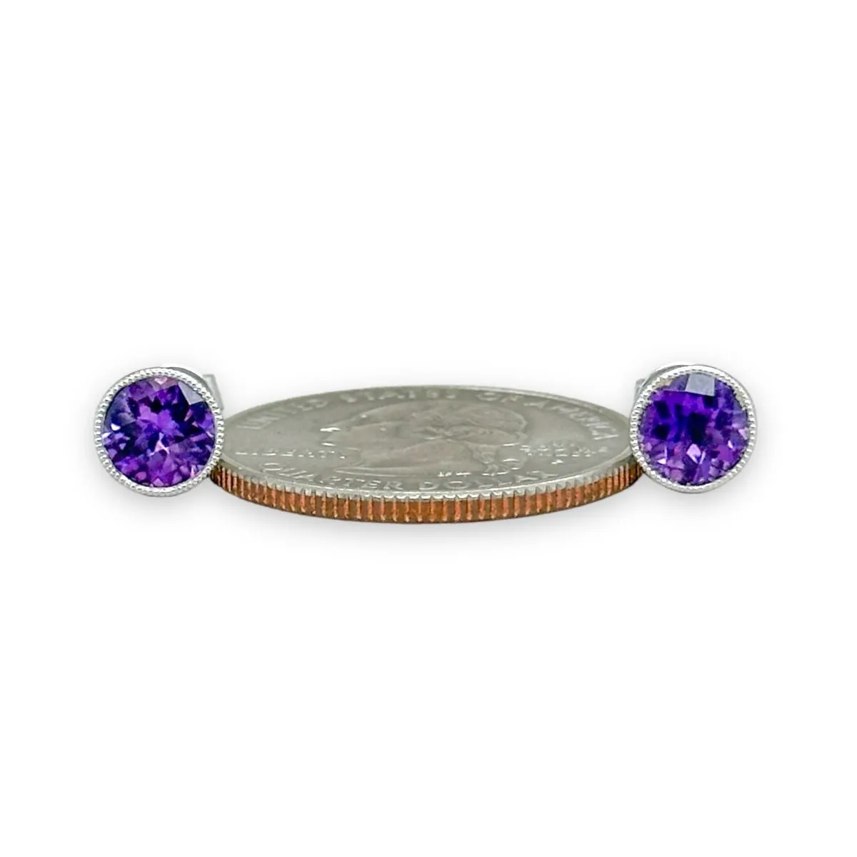 14K W Gold 1.64ctw 6.5mm Bezel Set Round Amethyst Earrings