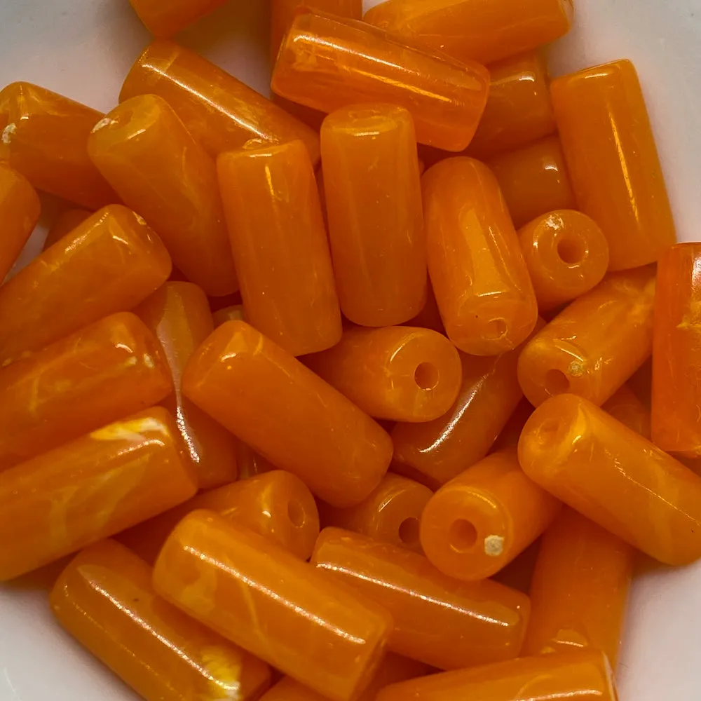 14x6mm Tube (25) - Orange - Vintage Opaque Marbled Effect Beads