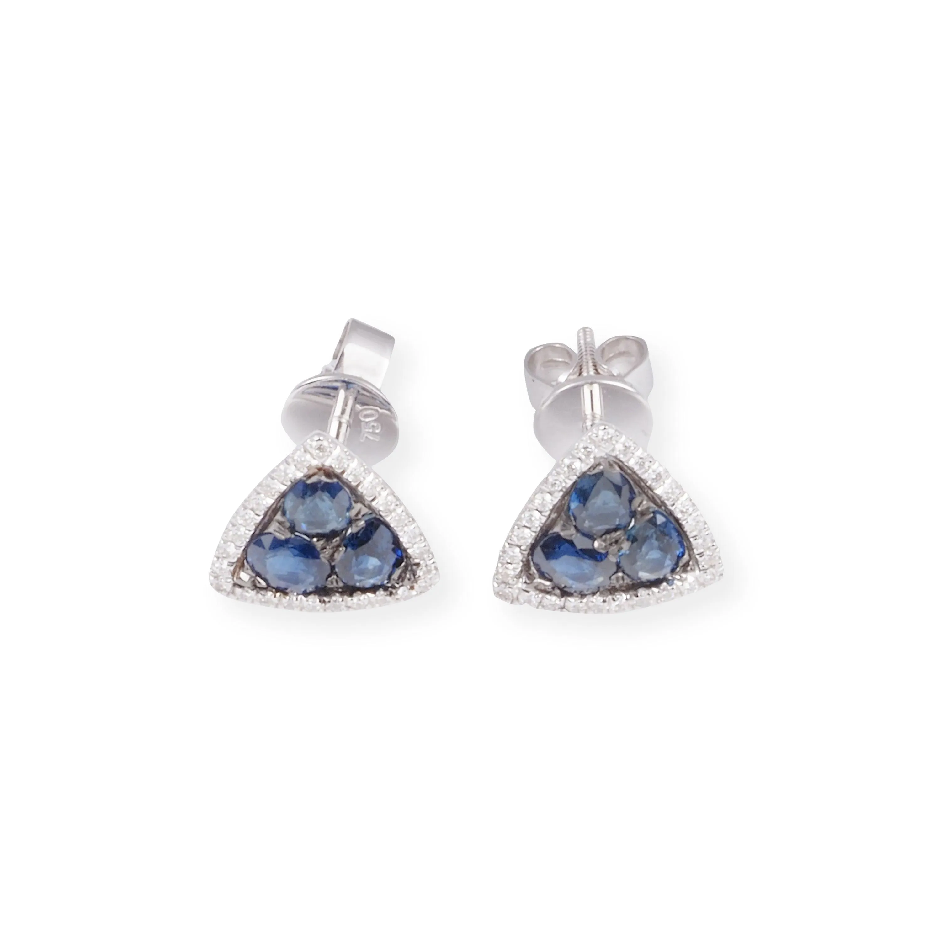 18ct White Gold Diamond and Blue Sapphire Triangle Pendant & Earrings P-7968/E-P7968