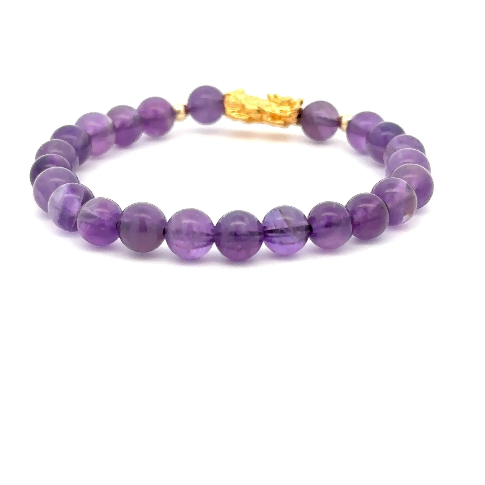 18K Gold Dragon Pixiu Piyao Lucky Charm Beads Bracelet Gemstones Amethyst 6mm