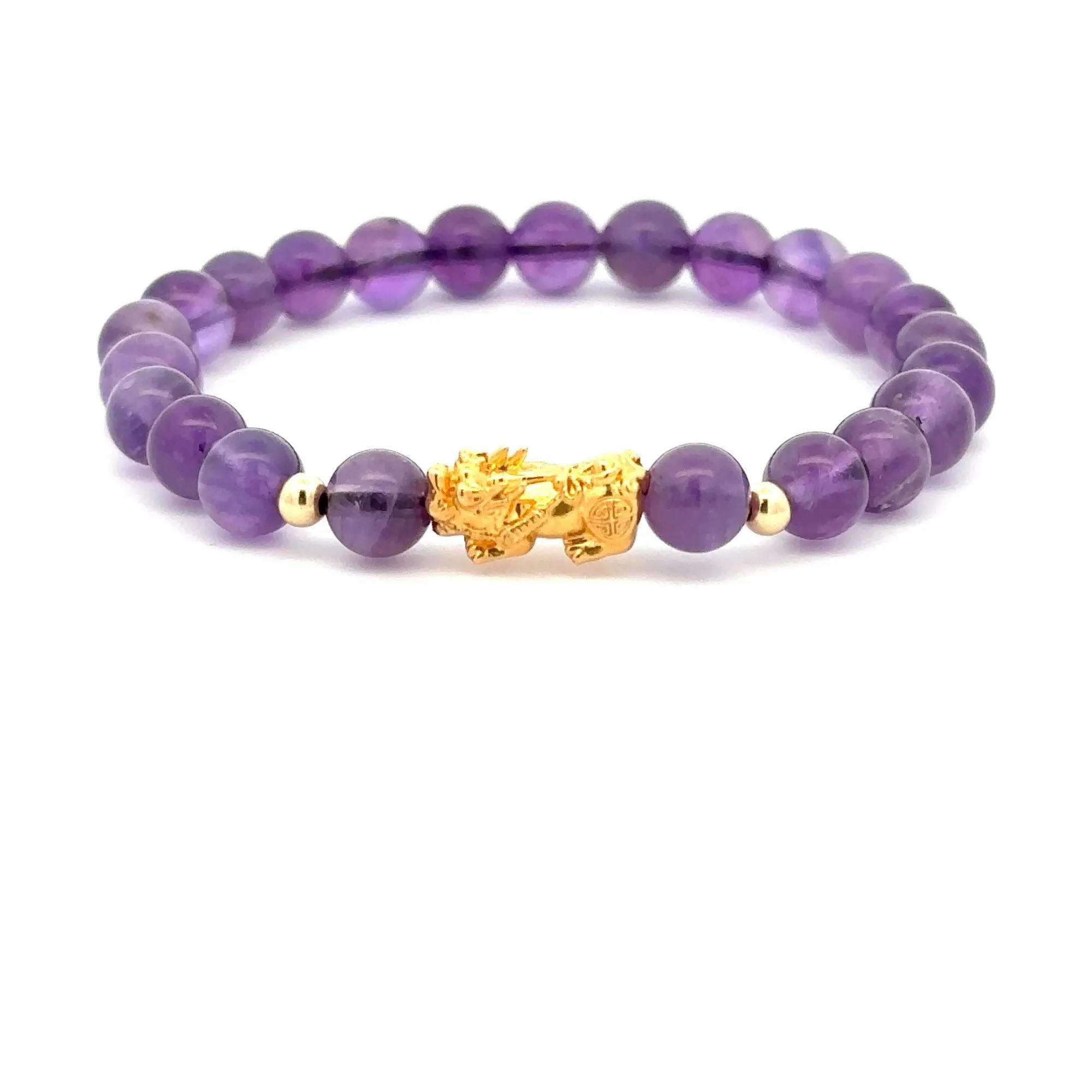 18K Gold Dragon Pixiu Piyao Lucky Charm Beads Bracelet Gemstones Amethyst 6mm