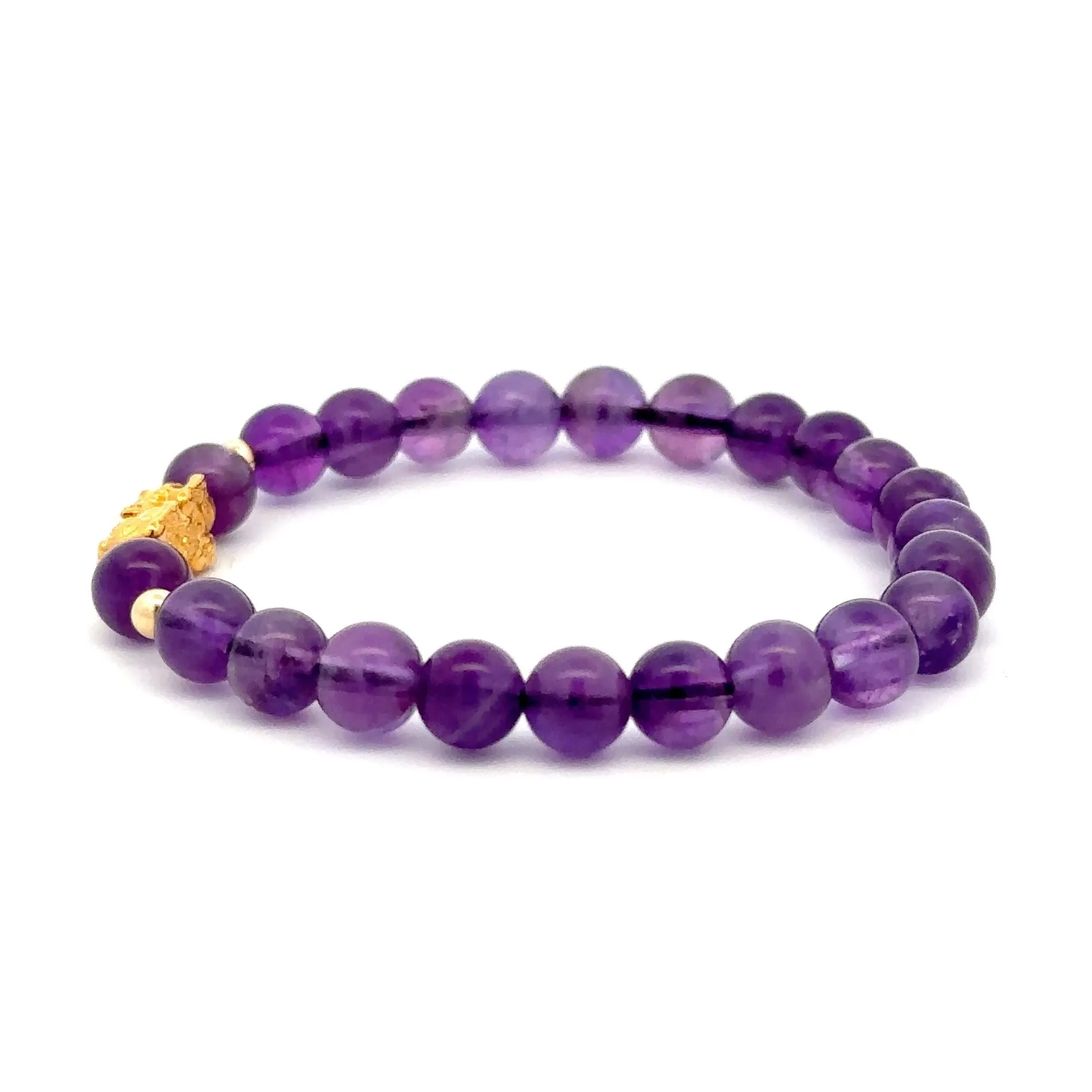 18K Gold Dragon Pixiu Piyao Lucky Charm Beads Bracelet Gemstones Amethyst 6mm