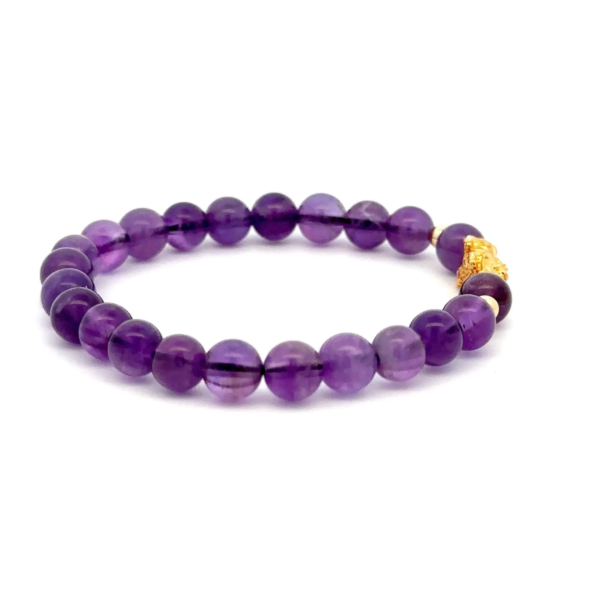 18K Gold Dragon Pixiu Piyao Lucky Charm Beads Bracelet Gemstones Amethyst 6mm