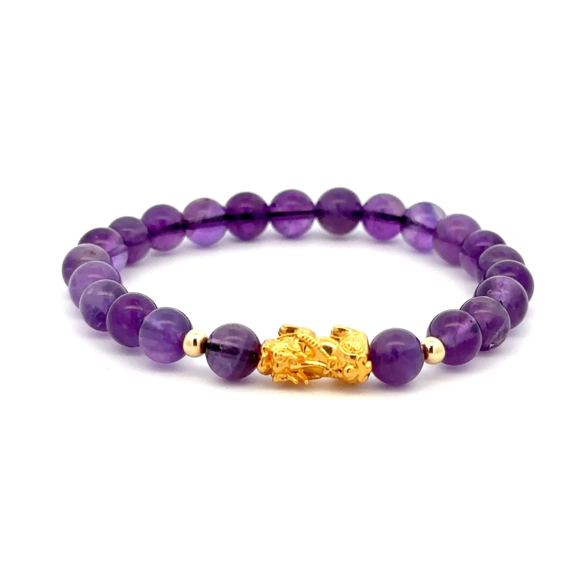 18K Gold Dragon Pixiu Piyao Lucky Charm Beads Bracelet Gemstones Amethyst 6mm
