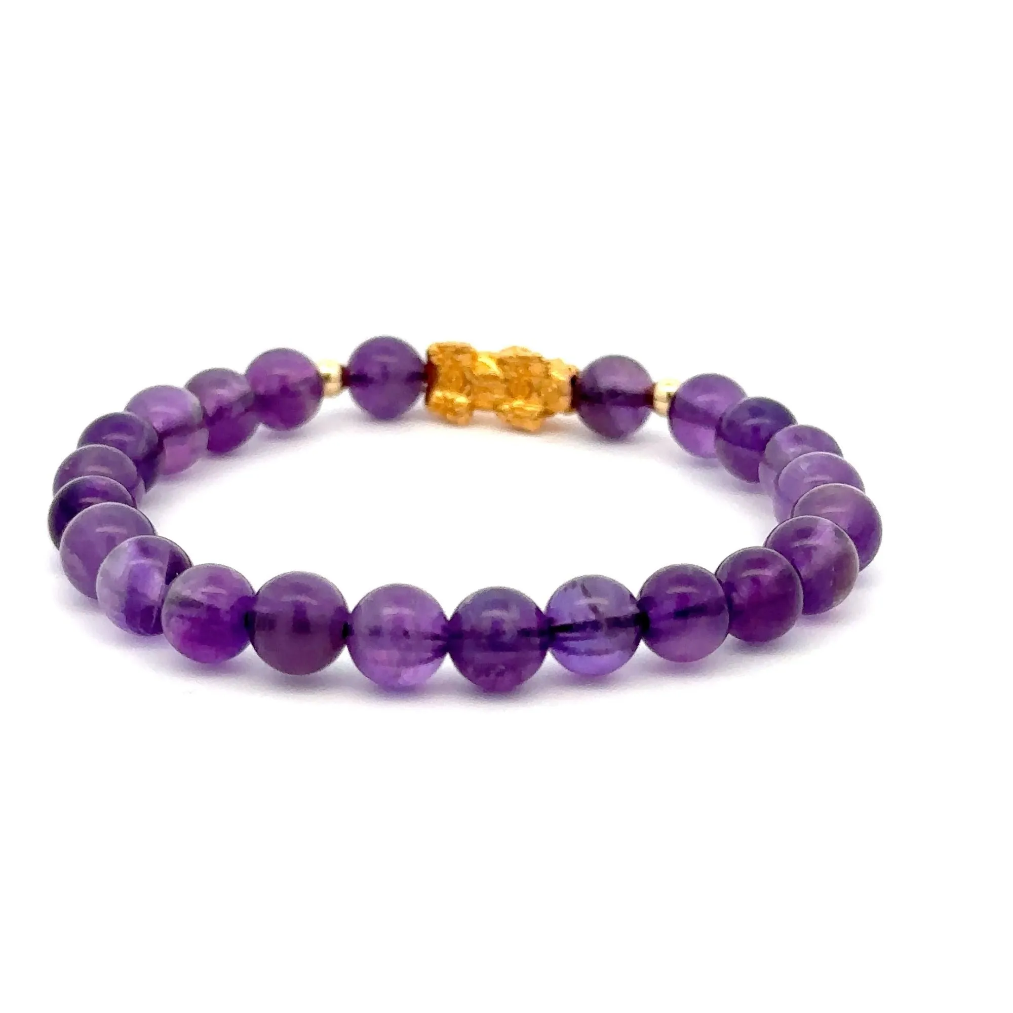 18K Gold Dragon Pixiu Piyao Lucky Charm Beads Bracelet Gemstones Amethyst 6mm