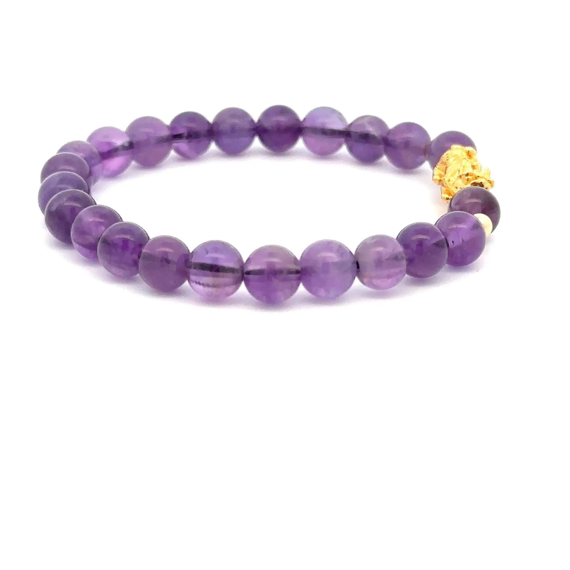 18K Gold Dragon Pixiu Piyao Lucky Charm Beads Bracelet Gemstones Amethyst 6mm