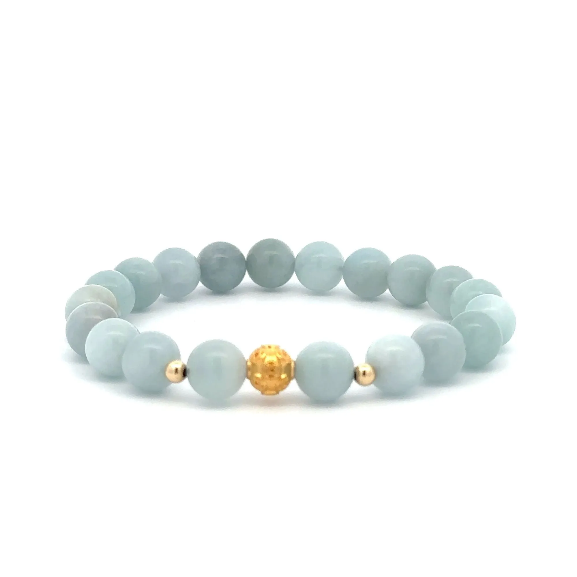18K Gold Money Ball Lucky Charm Beads Bracelet Gemstones Aquamarine 8mm