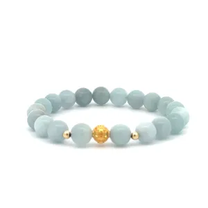 18K Gold Money Ball Lucky Charm Beads Bracelet Gemstones Aquamarine 8mm