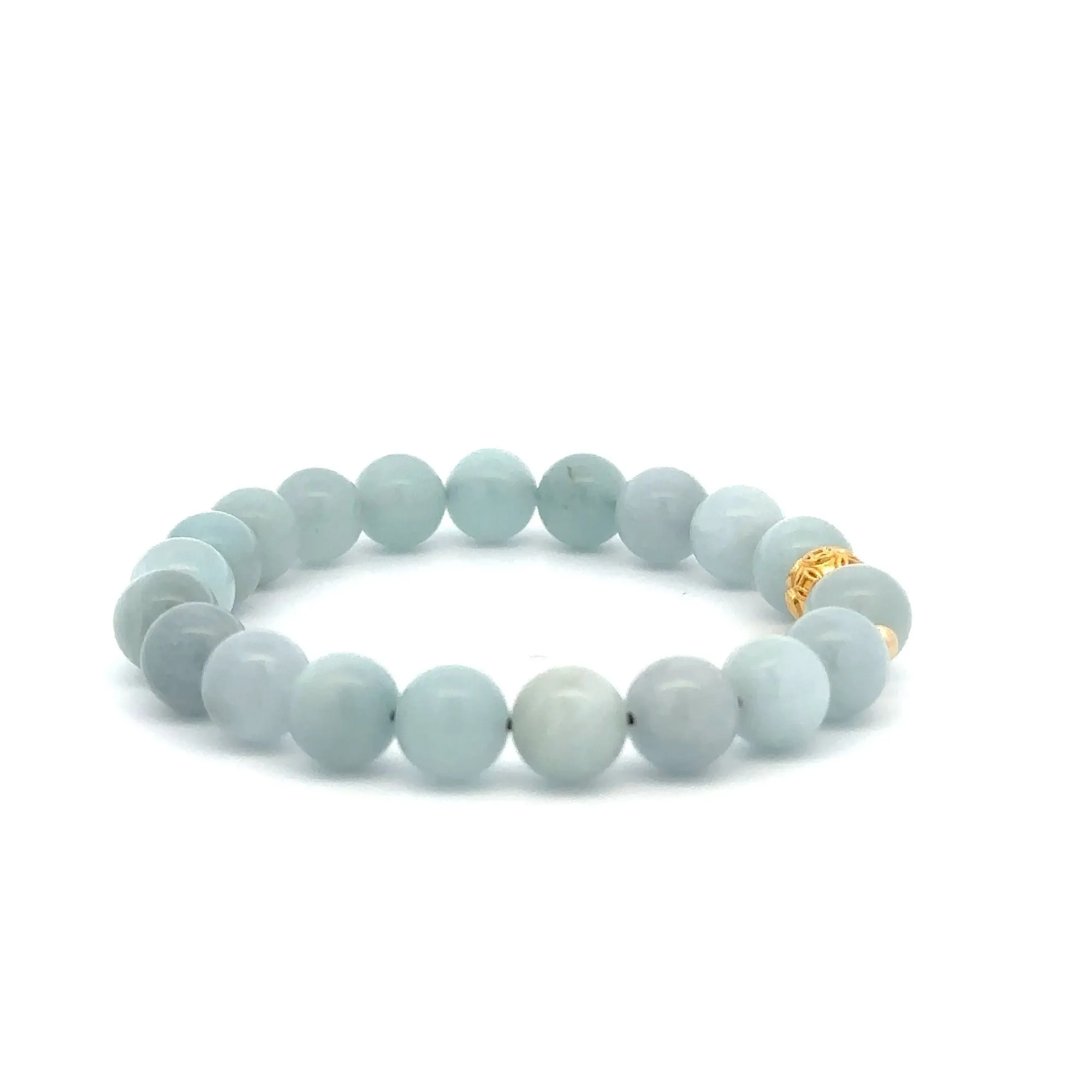 18K Gold Money Ball Lucky Charm Beads Bracelet Gemstones Aquamarine 8mm