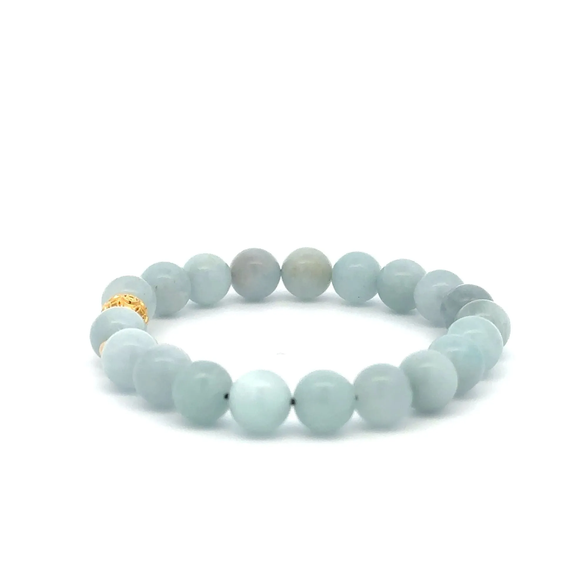 18K Gold Money Ball Lucky Charm Beads Bracelet Gemstones Aquamarine 8mm