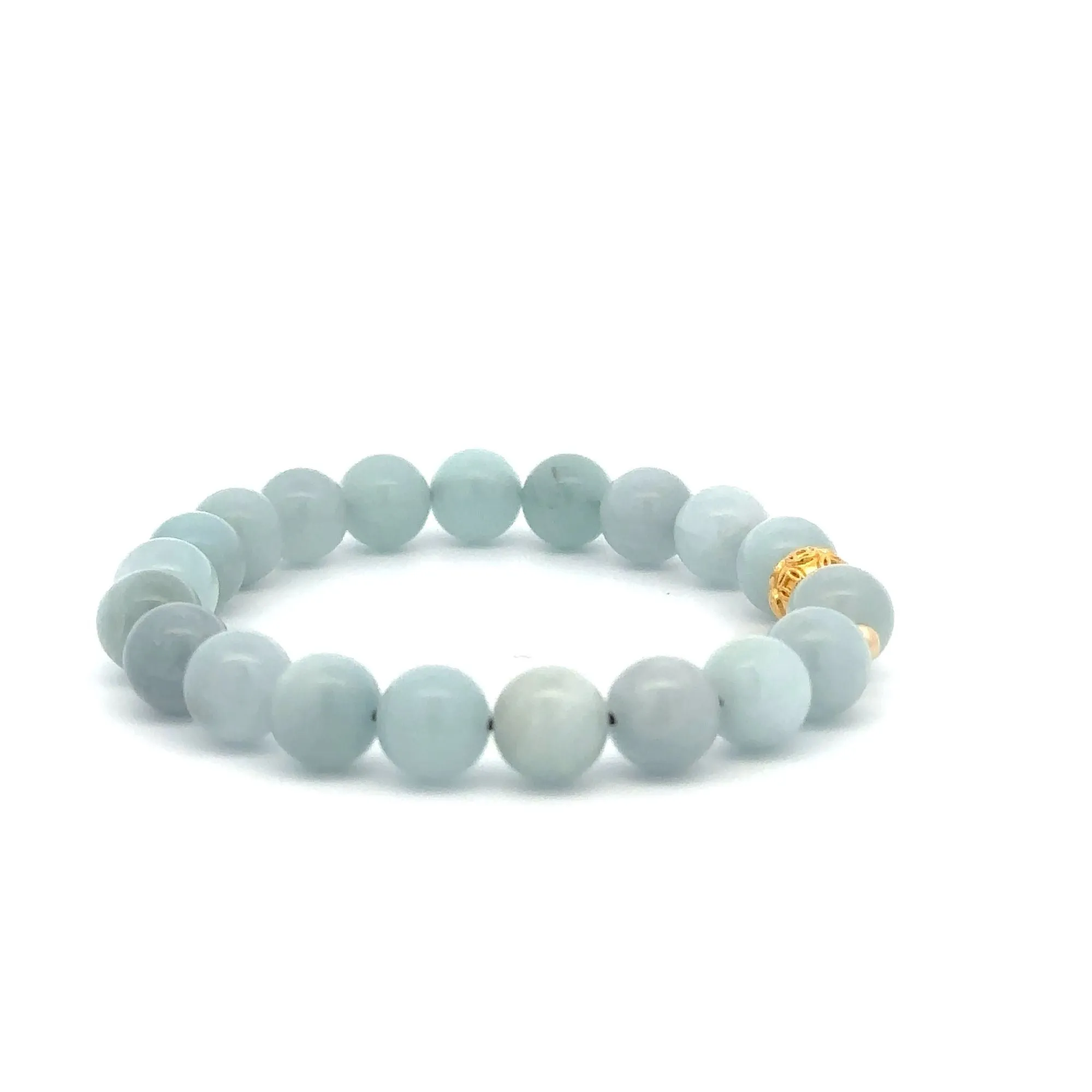 18K Gold Money Ball Lucky Charm Beads Bracelet Gemstones Aquamarine 8mm