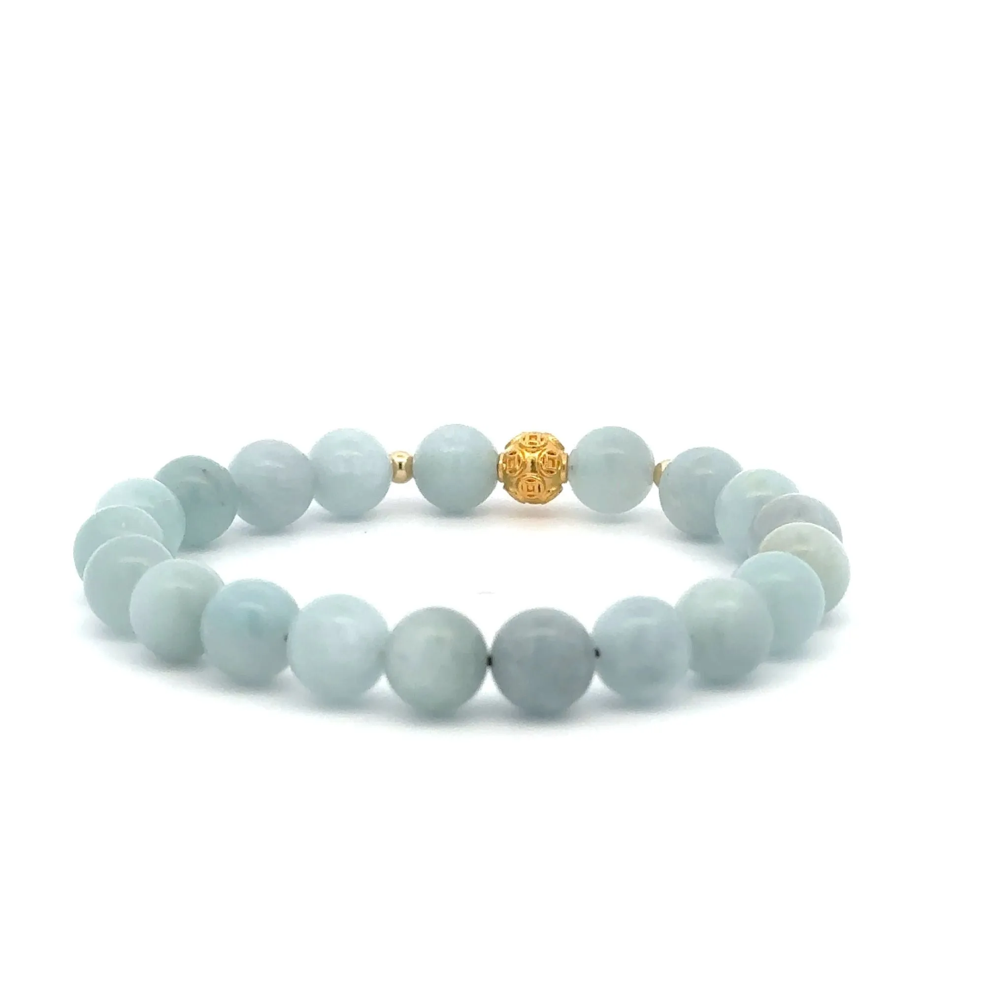 18K Gold Money Ball Lucky Charm Beads Bracelet Gemstones Aquamarine 8mm