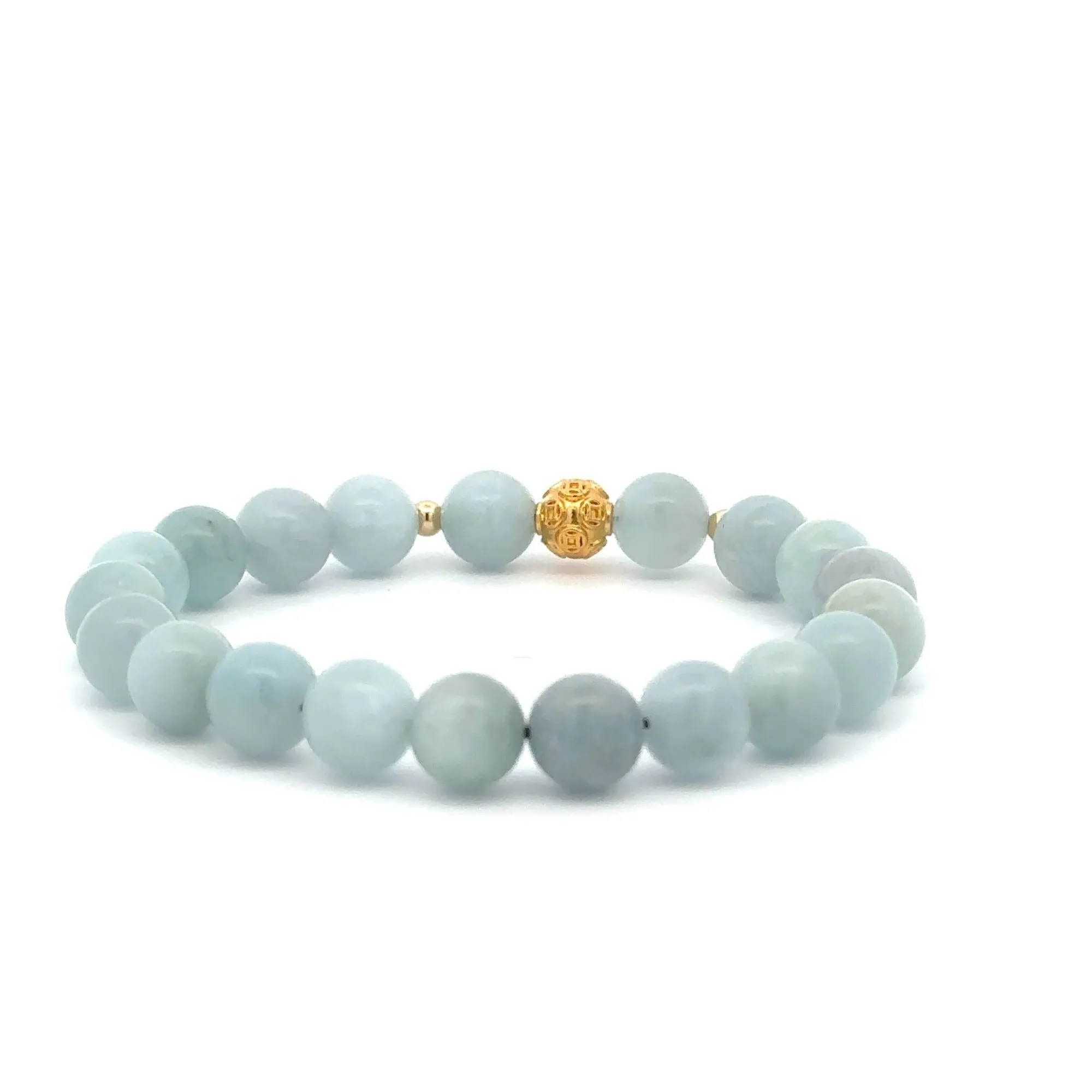 18K Gold Money Ball Lucky Charm Beads Bracelet Gemstones Aquamarine 8mm