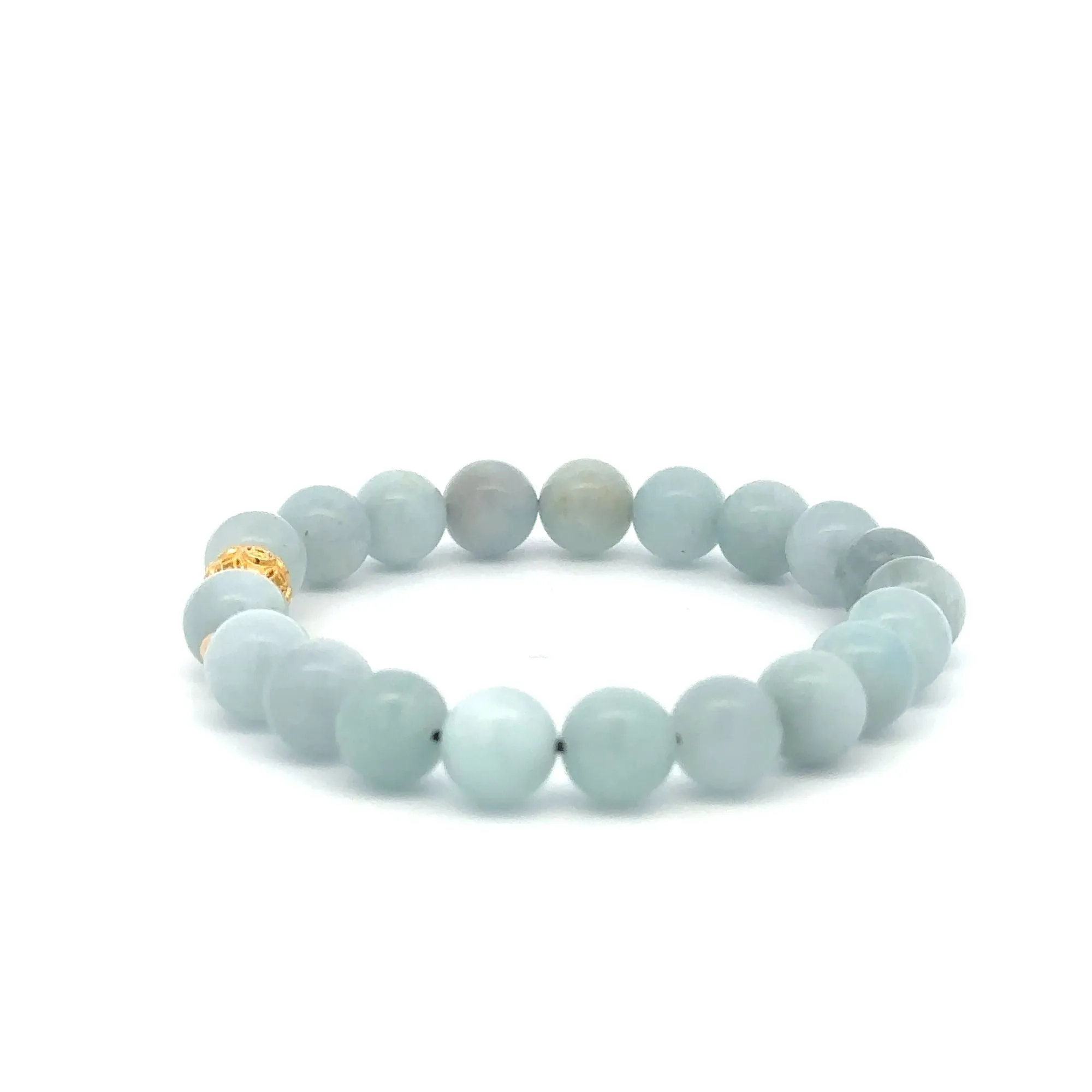 18K Gold Money Ball Lucky Charm Beads Bracelet Gemstones Aquamarine 8mm