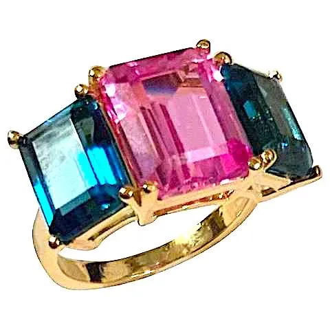 18kt Yellow Gold Mini Emerald Cut Ring with Blue Topaz and Citrine