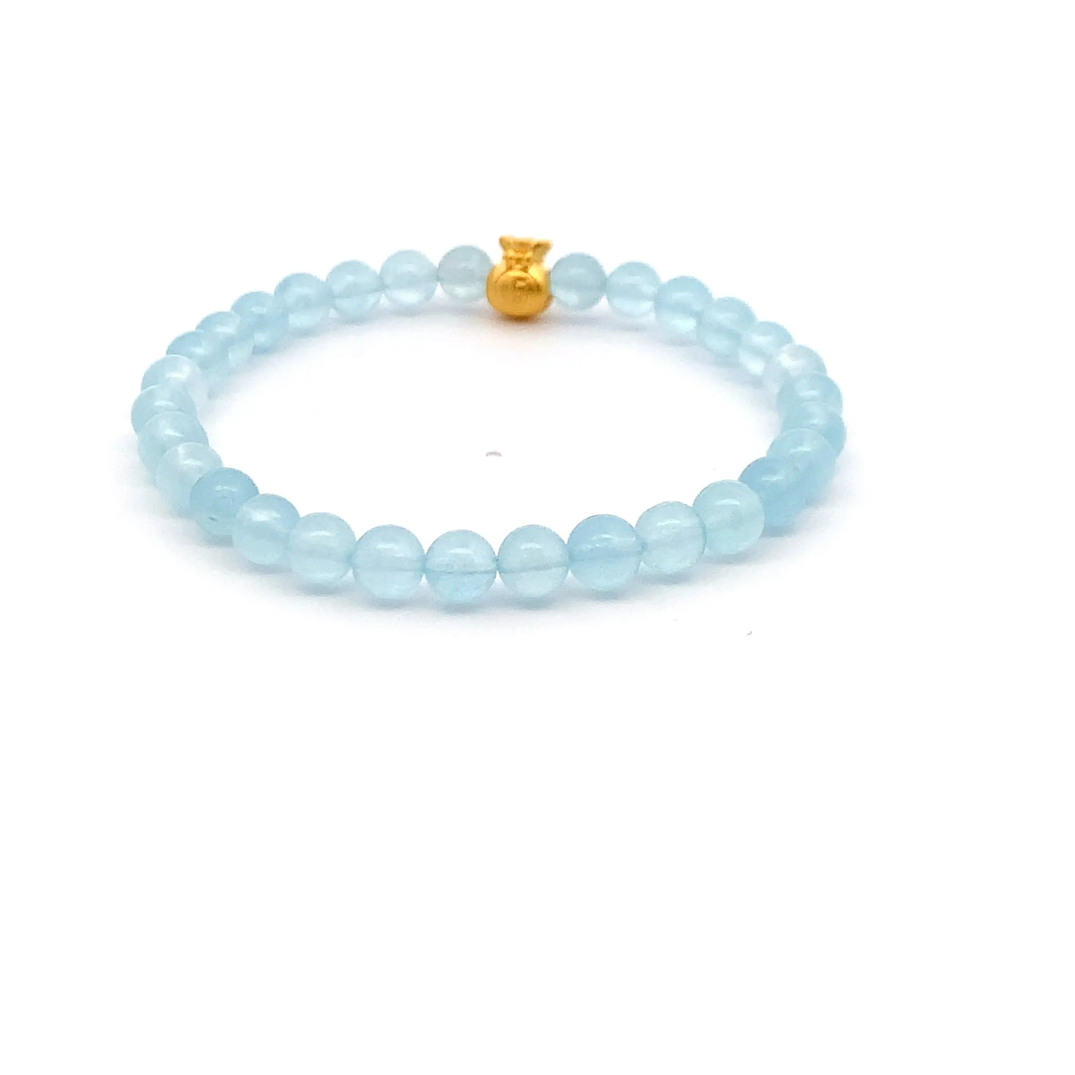 24K Gold Money Bag Lucky Charm Bracelet Gemstones Translucent Blue Aquamarine 5.5-6mm