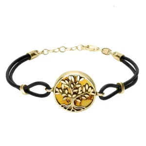 9ct Yellow Gold Amber Cord Round Large Leaves Tree of Life Bracelet