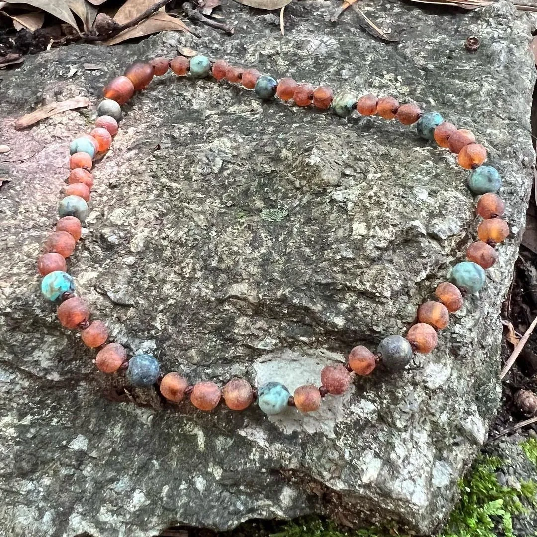Adults | African Turquoise   Raw Cognac Amber Anklet