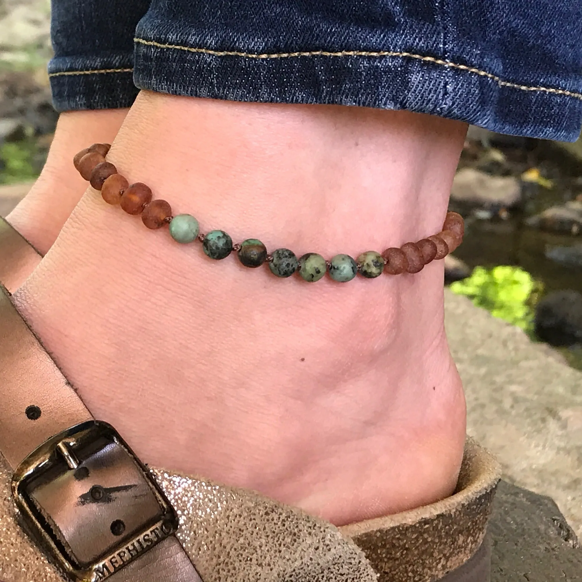 Adults | African Turquoise   Raw Cognac Amber Anklet