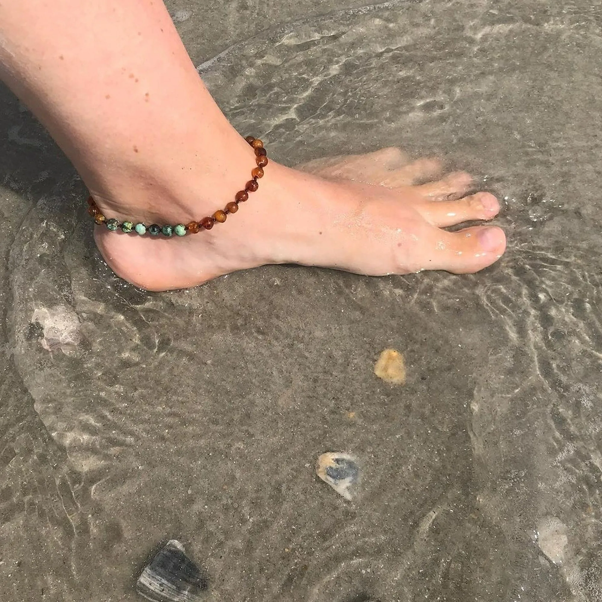 Adults | African Turquoise   Raw Cognac Amber Anklet