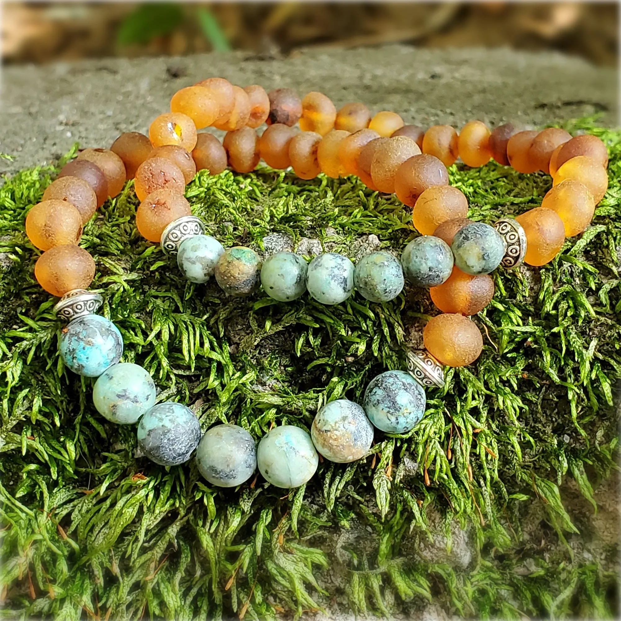 Adults | African Turquoise   Raw Cognac Amber Bracelet