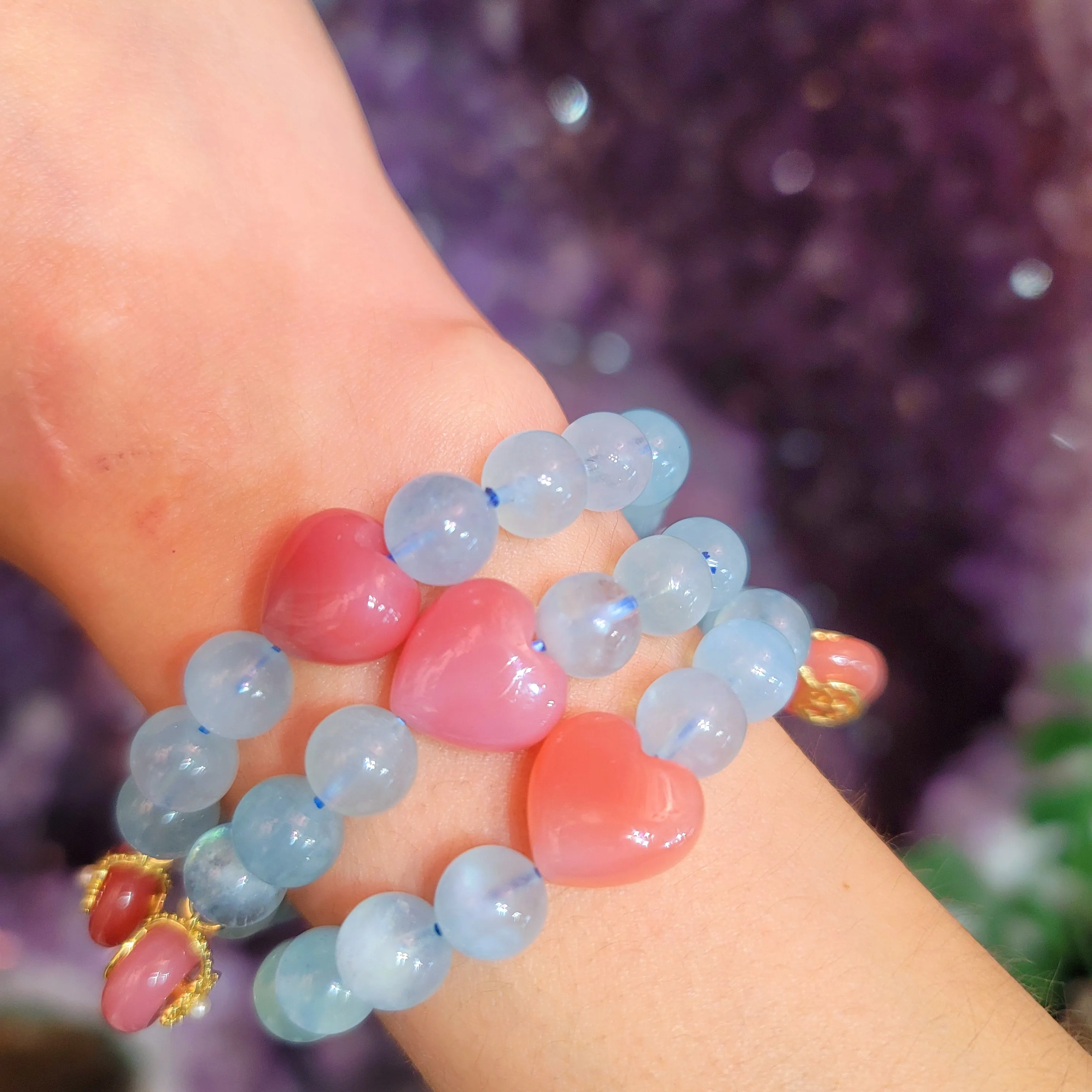 Aquamarine and Yanyuan Agate Heart Bracelet for Calm Communication