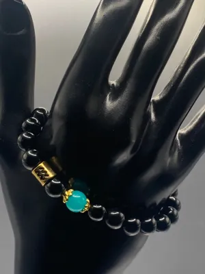 Aquarius Zodiac black obsidian with aquamarine chalcedony semi precious stone/crystal elastic beaded bracelet with gold accents