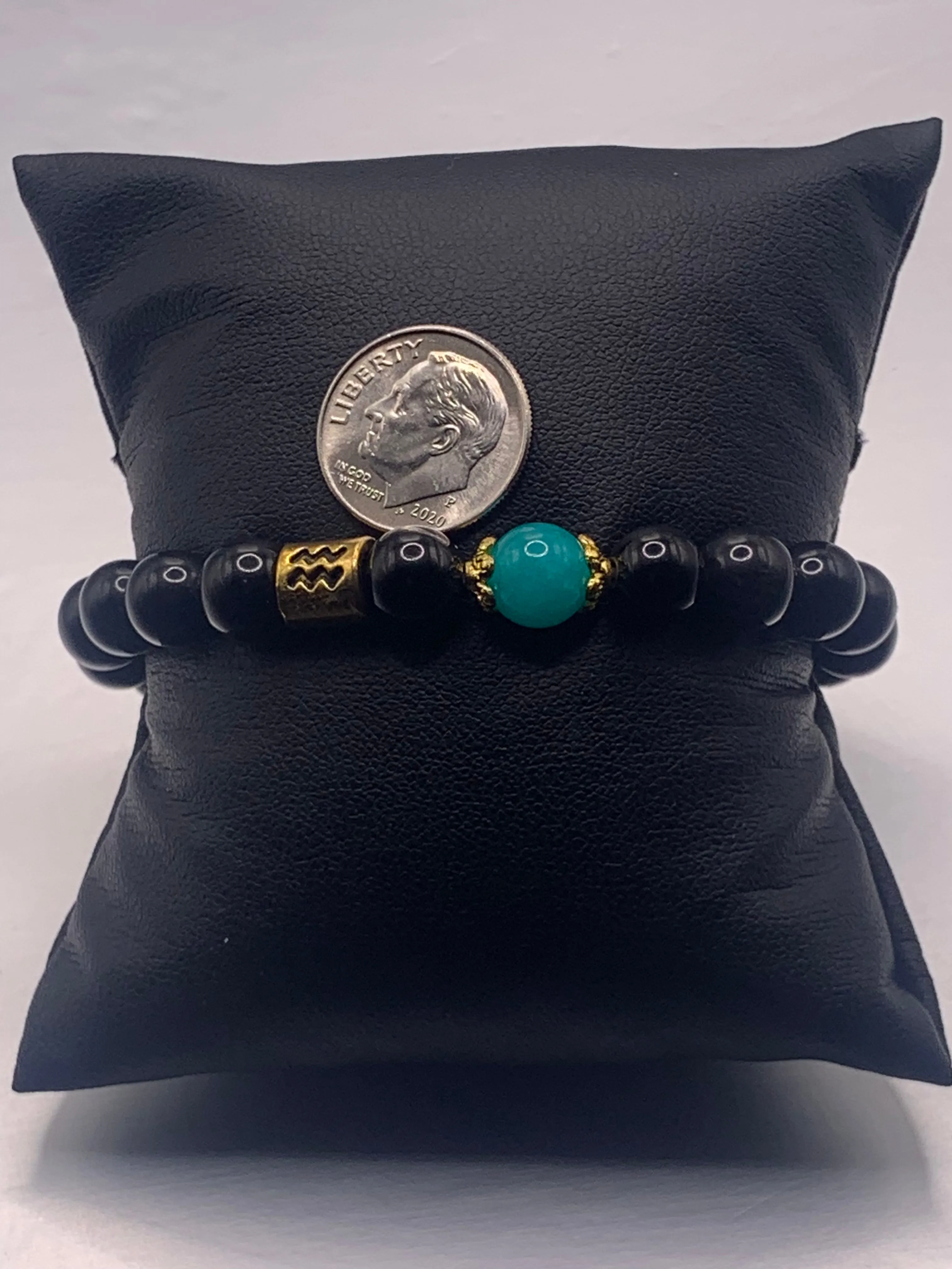 Aquarius Zodiac black obsidian with aquamarine chalcedony semi precious stone/crystal elastic beaded bracelet with gold accents