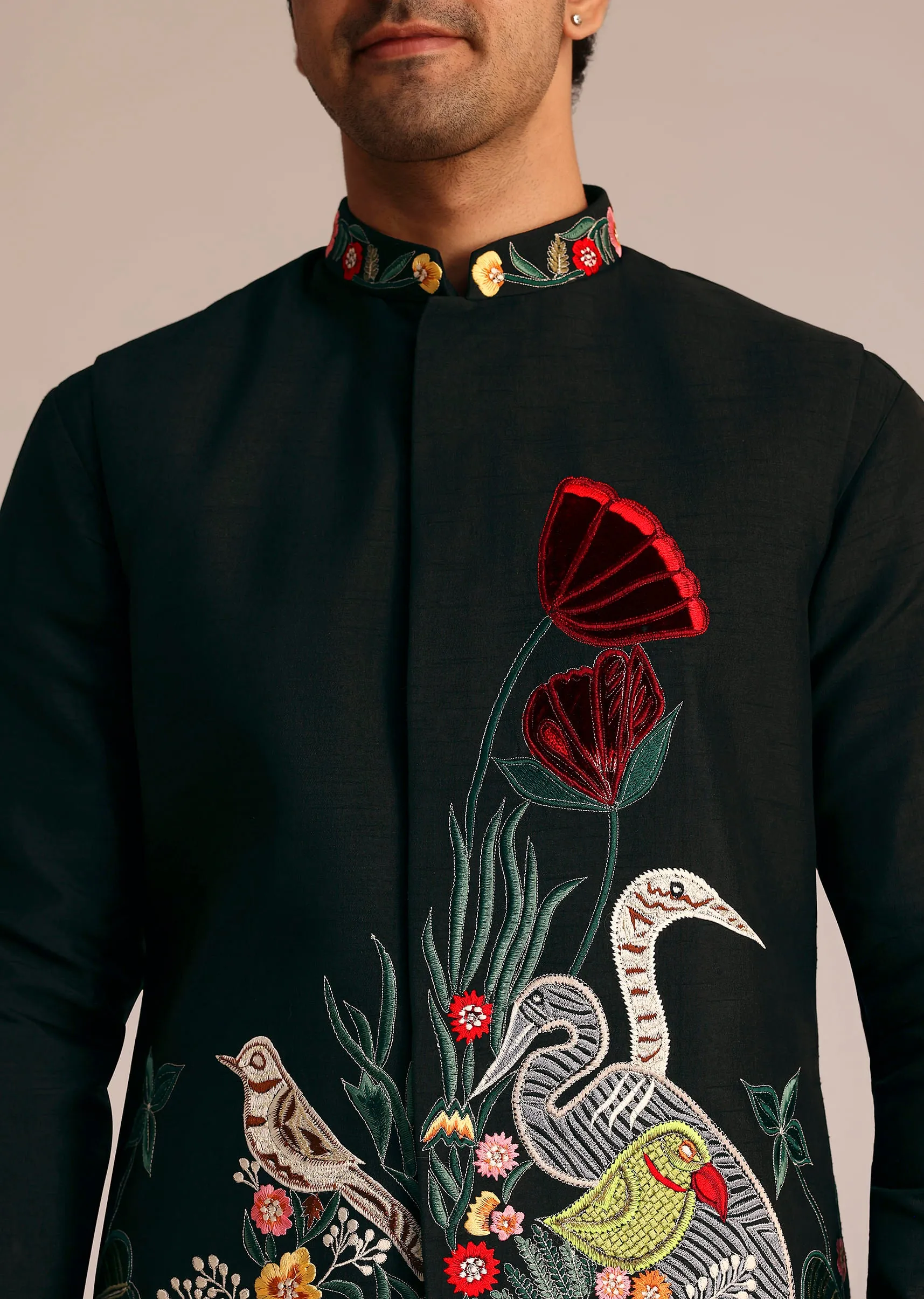Black Silk Jacket Set With Resham Embroidery