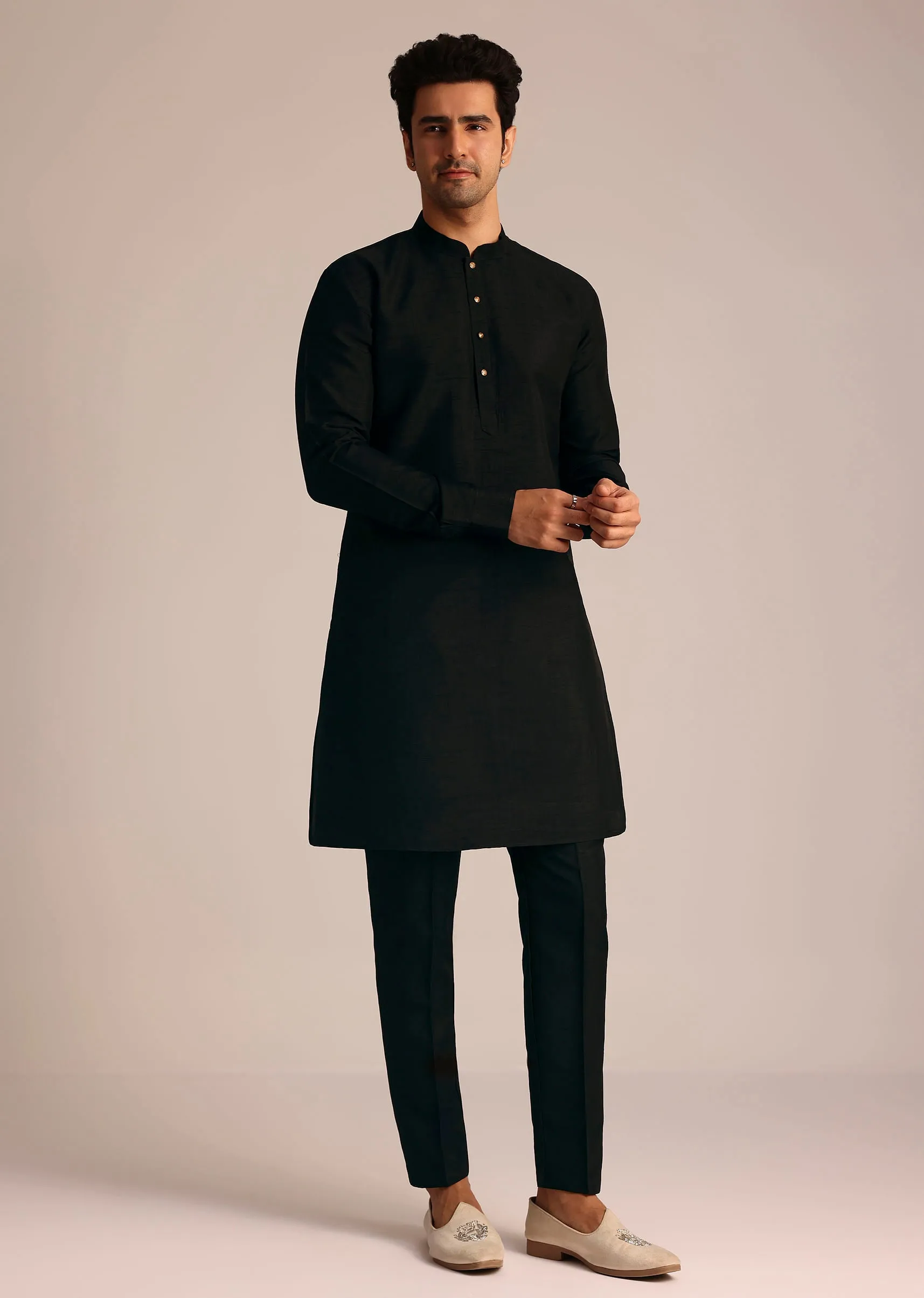 Black Silk Jacket Set With Resham Embroidery