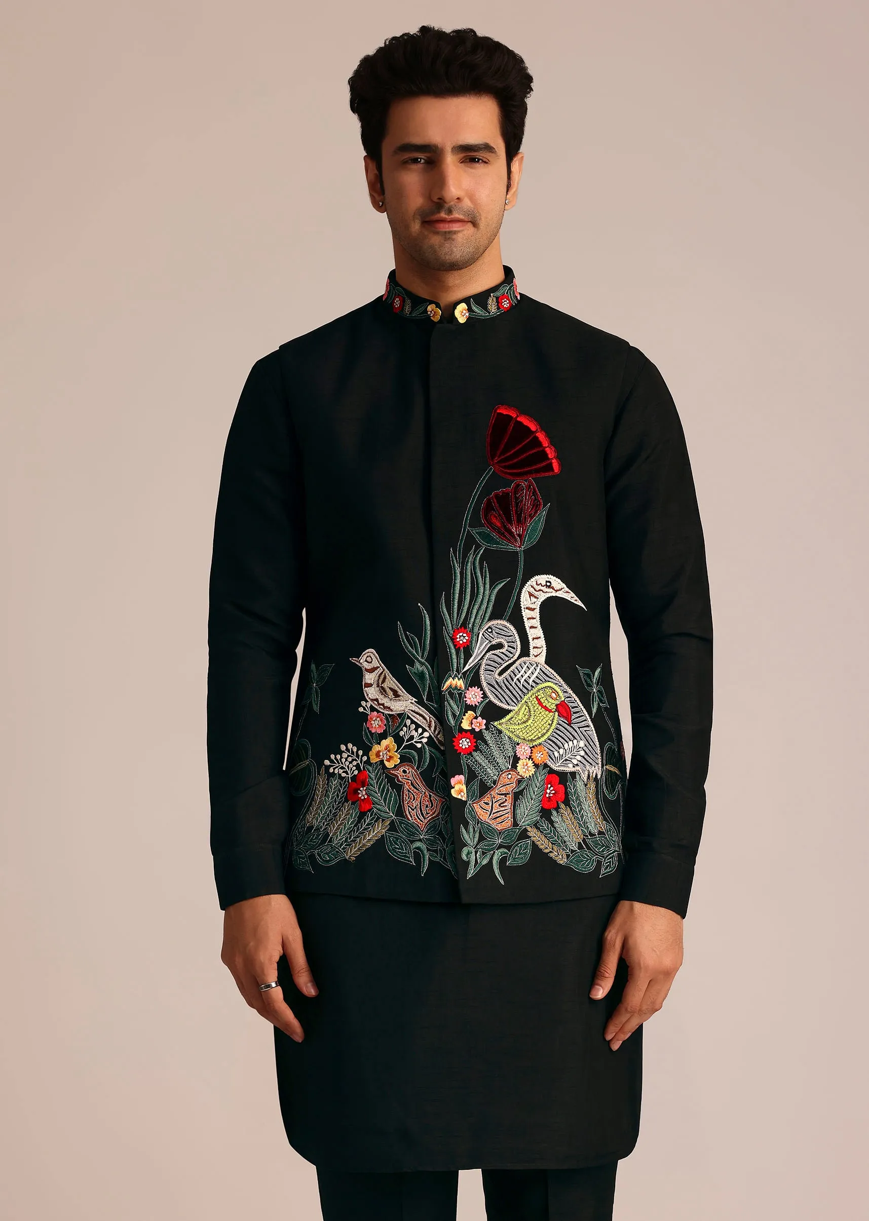 Black Silk Jacket Set With Resham Embroidery