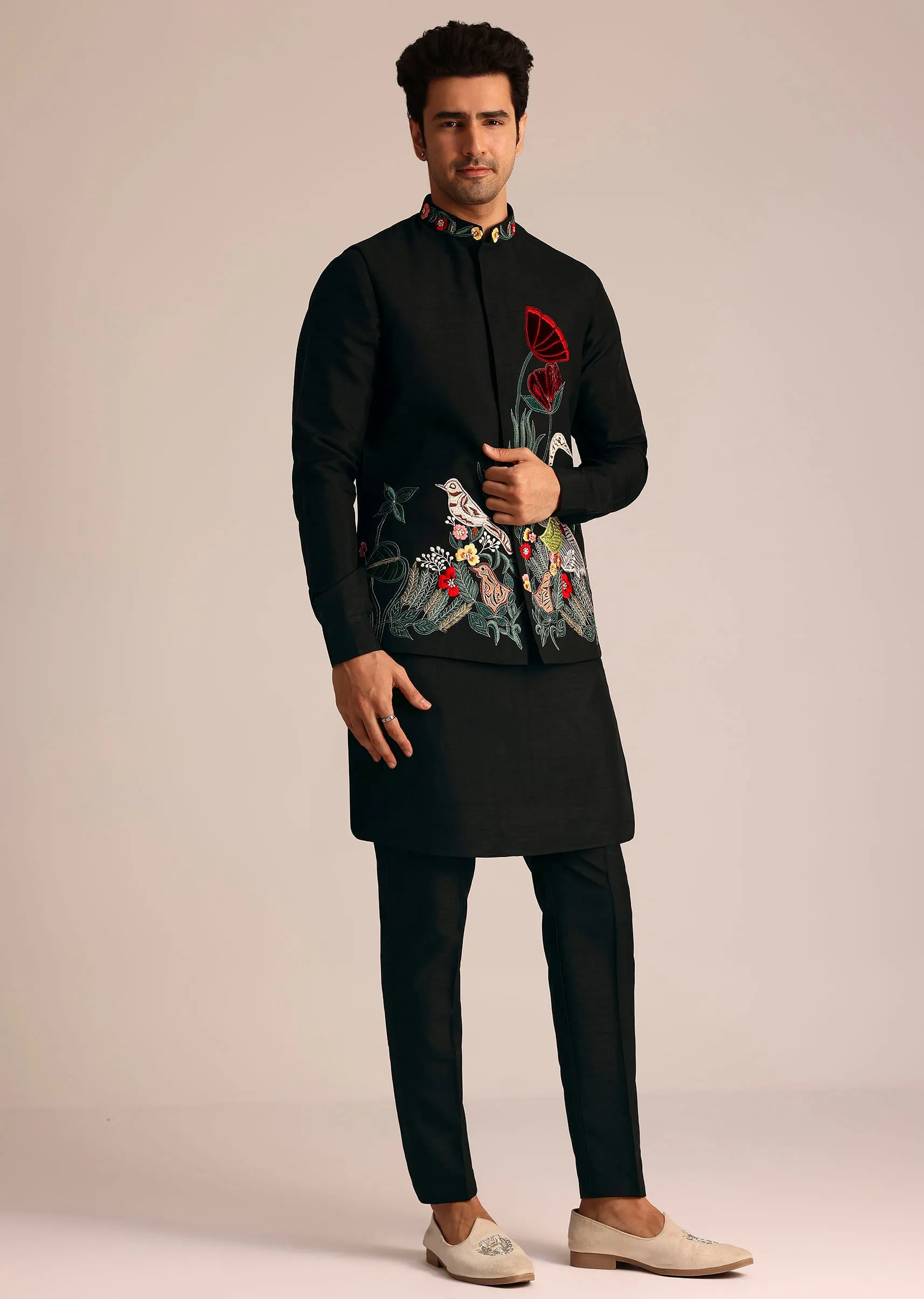 Black Silk Jacket Set With Resham Embroidery
