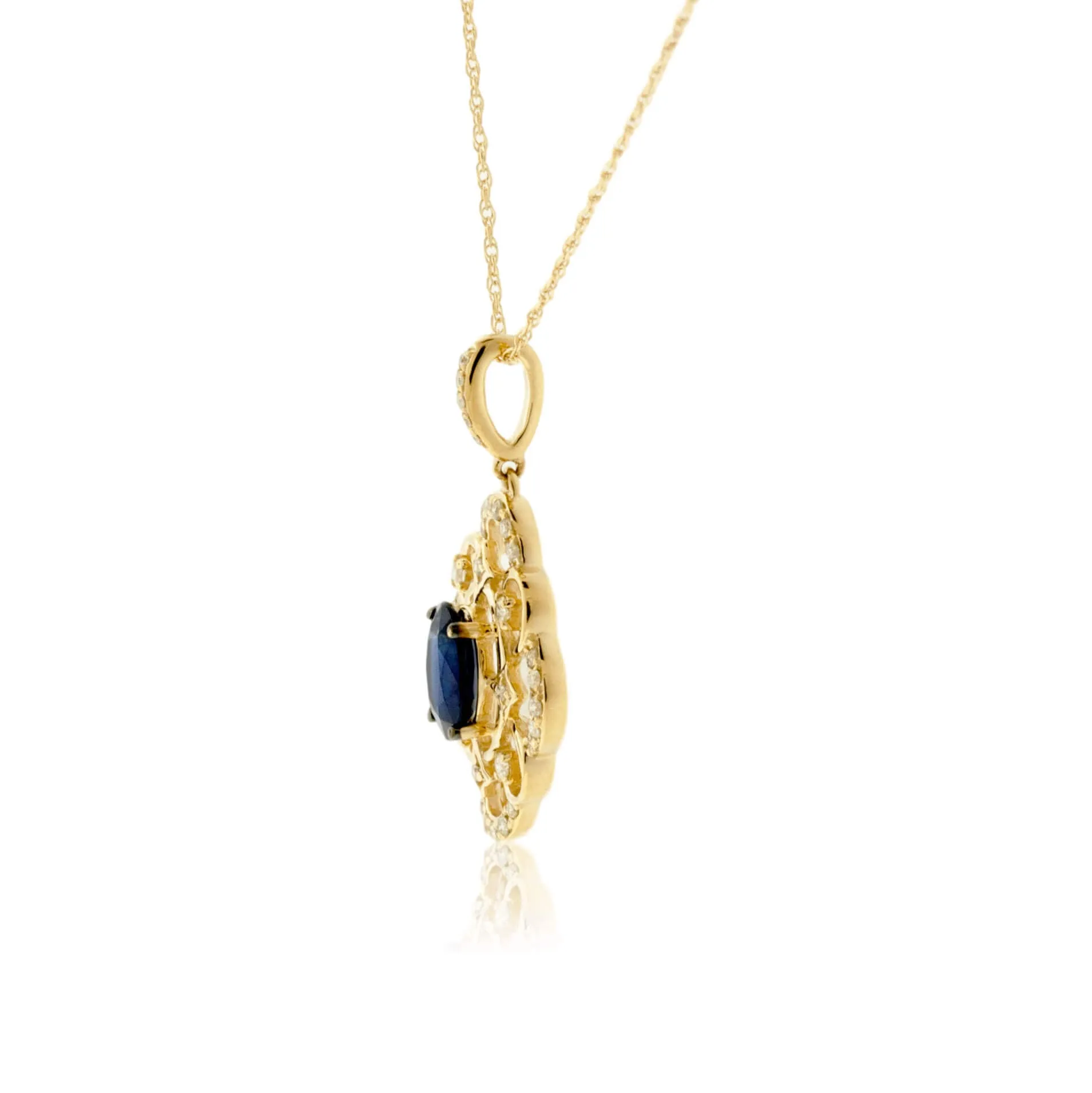 Blue Sapphire and Filigree Style Diamond Pendant