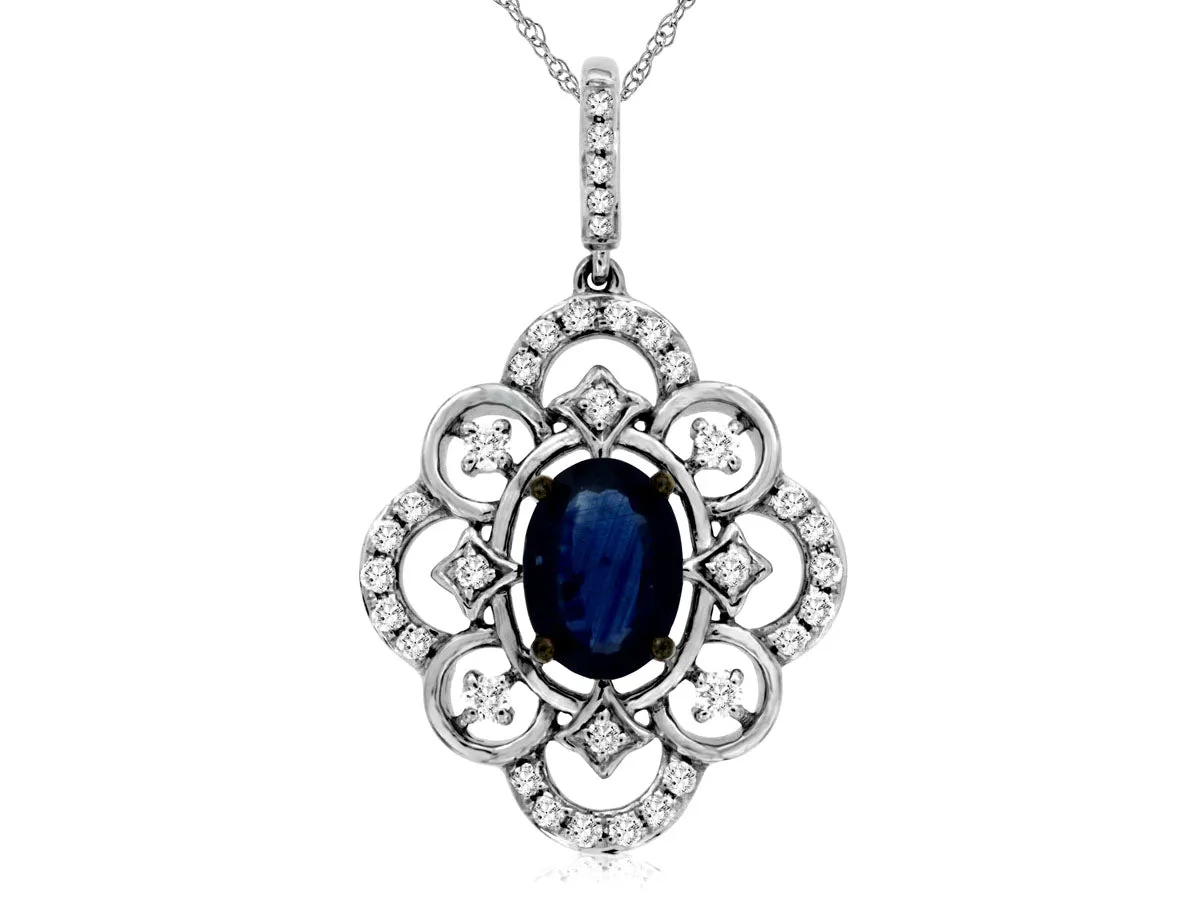 Blue Sapphire and Filigree Style Diamond Pendant