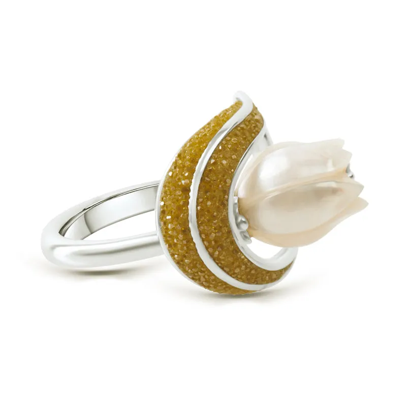 Crushed Yellow Diamond and Carved Pearl Ring