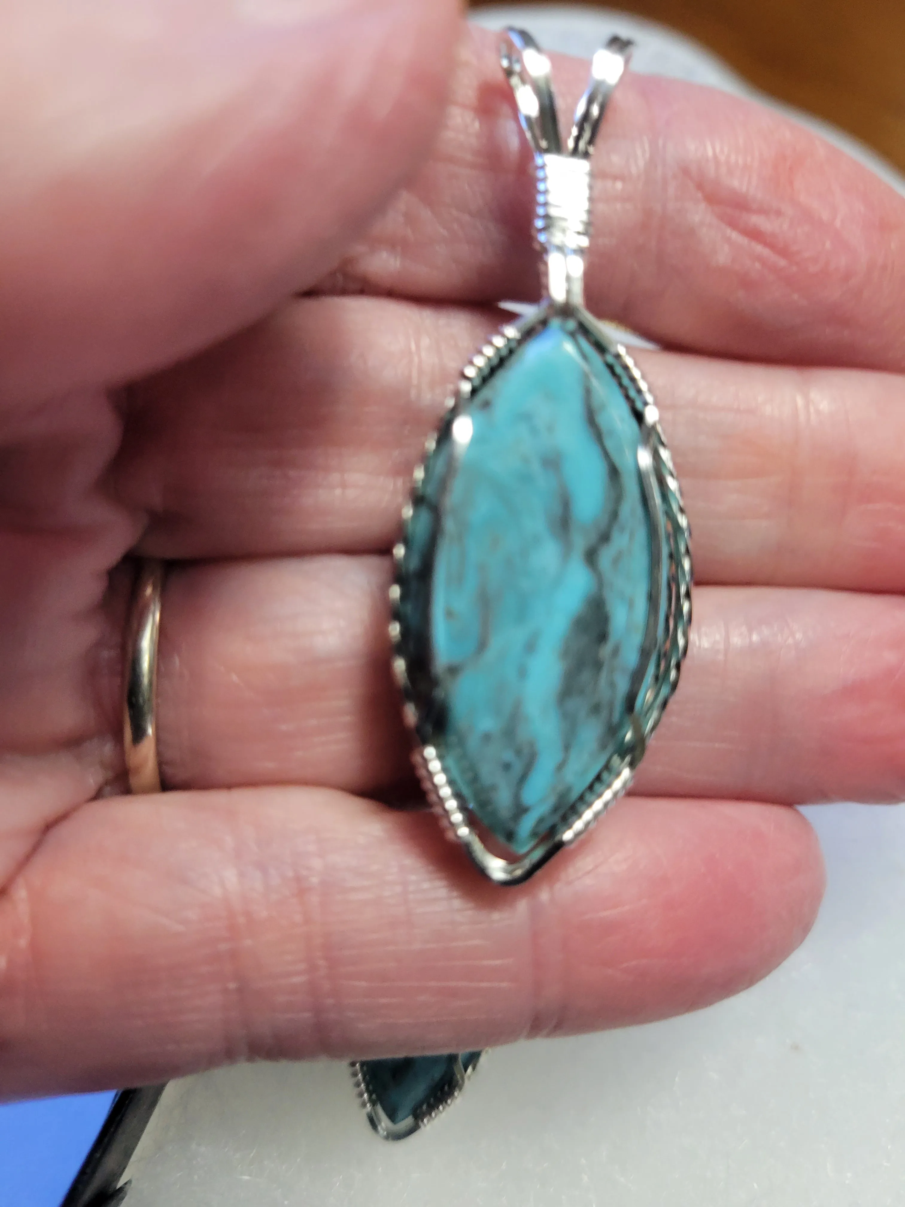 Custom Wire Wrapped Water Web Turquoise Set: Earrings, Necklace/Pendant Sterling Silver