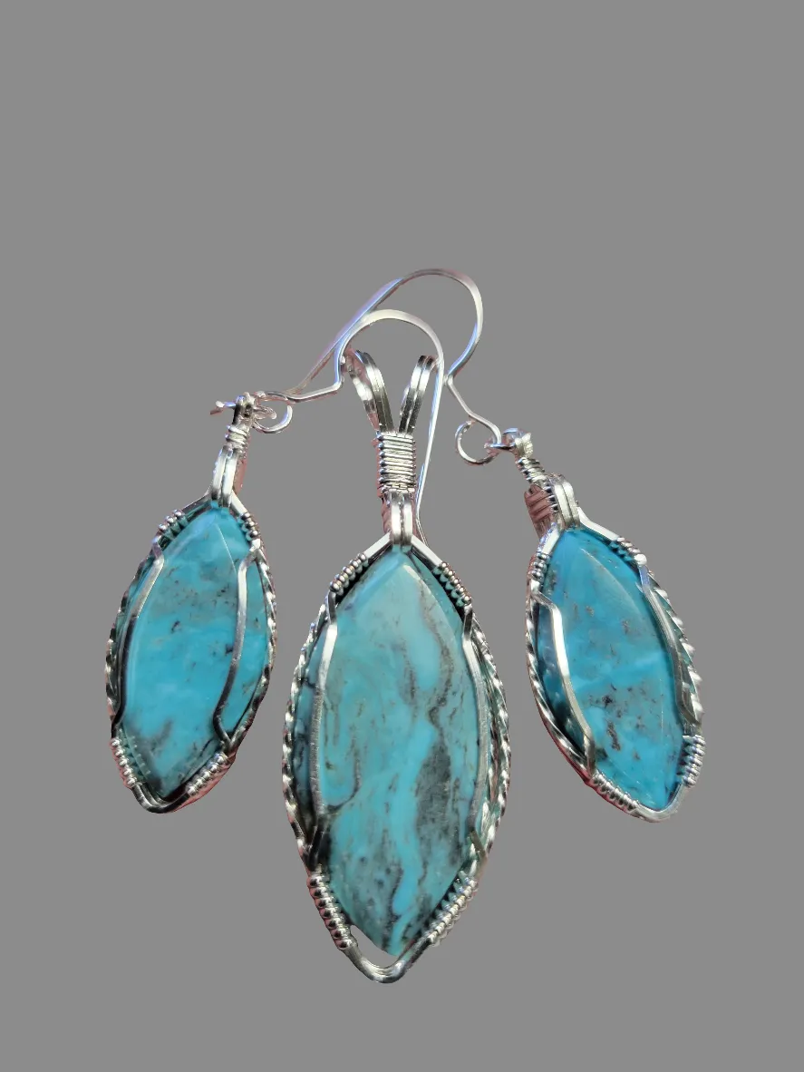 Custom Wire Wrapped Water Web Turquoise Set: Earrings, Necklace/Pendant Sterling Silver