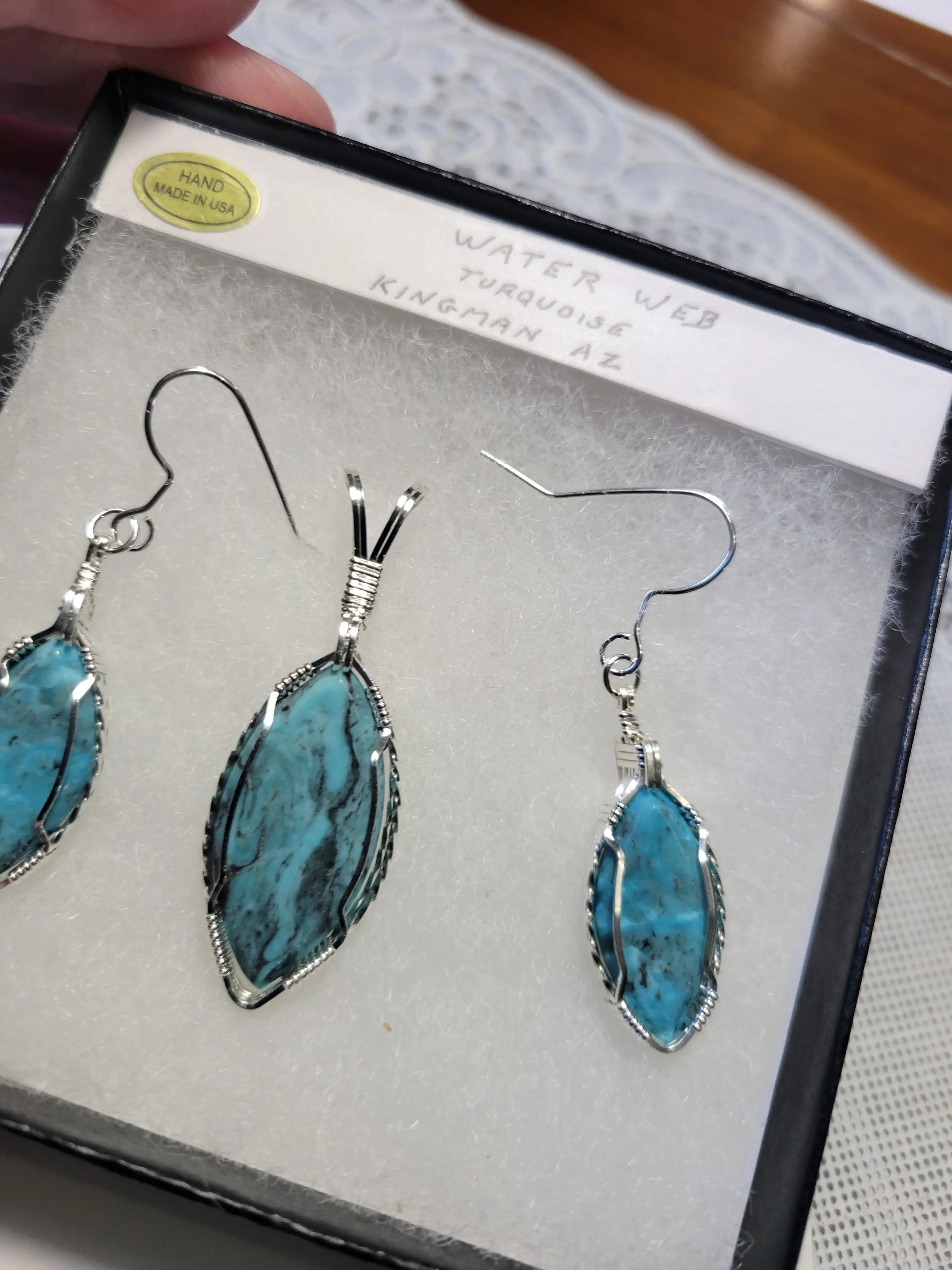Custom Wire Wrapped Water Web Turquoise Set: Earrings, Necklace/Pendant Sterling Silver