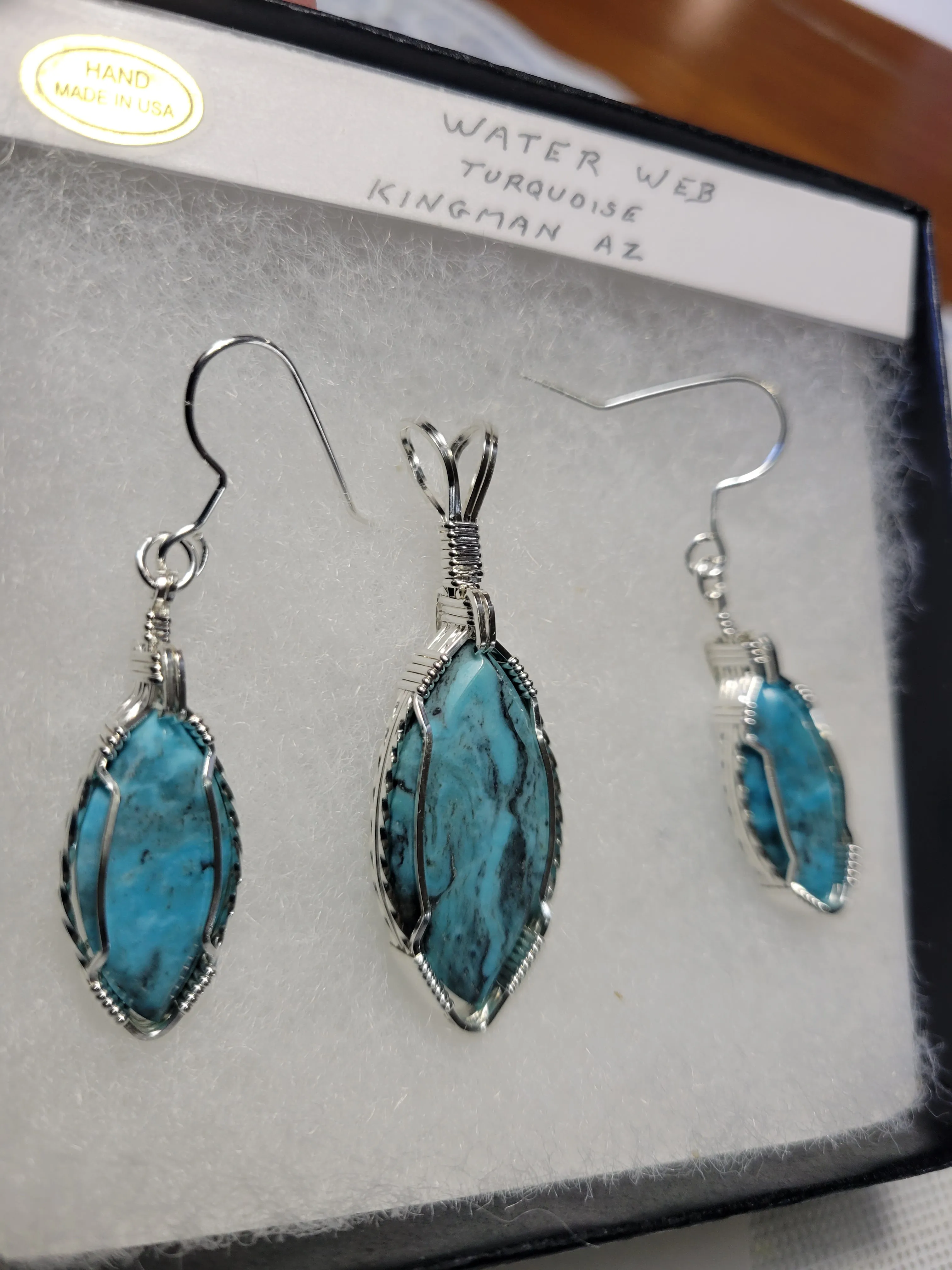 Custom Wire Wrapped Water Web Turquoise Set: Earrings, Necklace/Pendant Sterling Silver