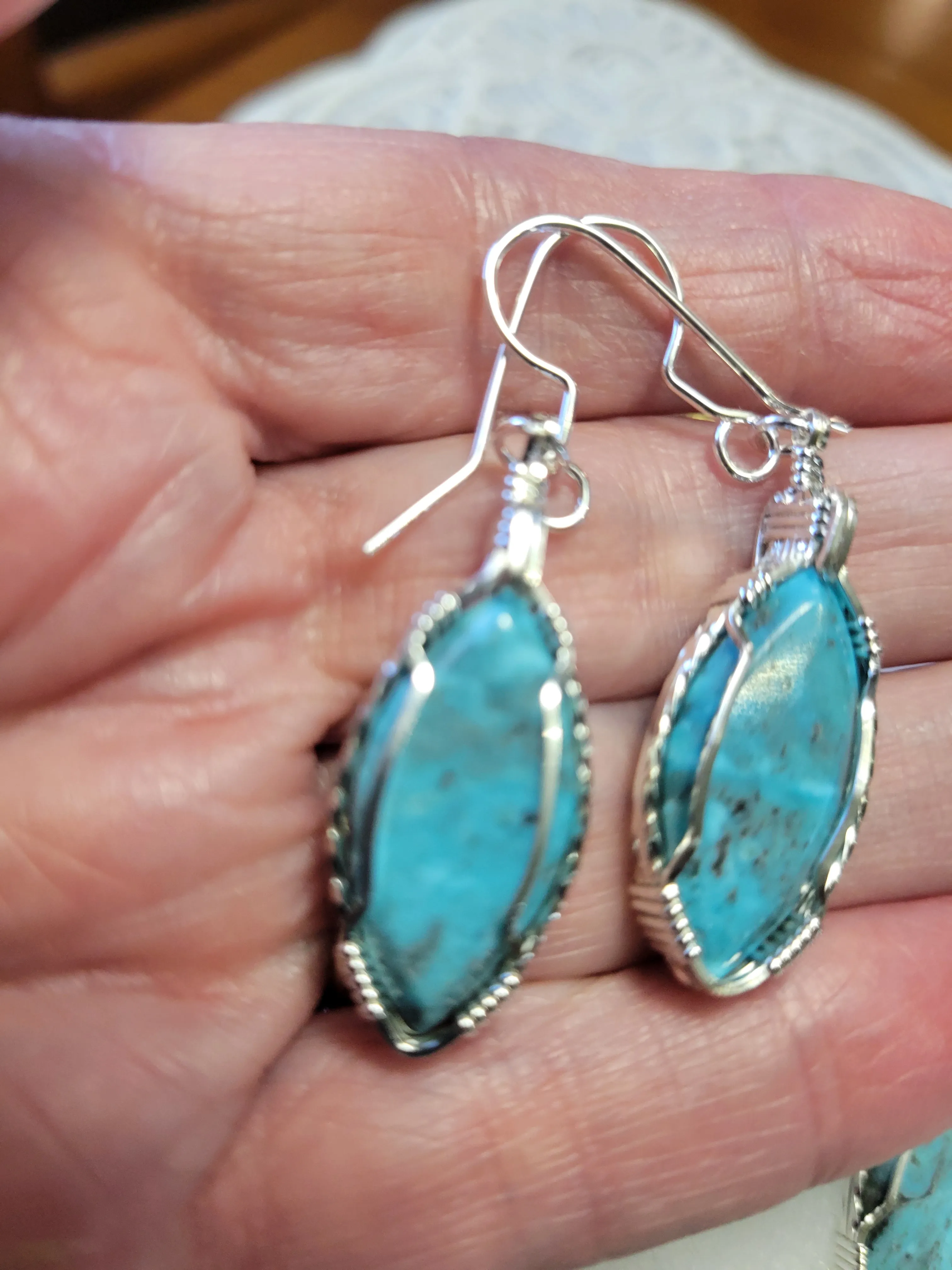 Custom Wire Wrapped Water Web Turquoise Set: Earrings, Necklace/Pendant Sterling Silver