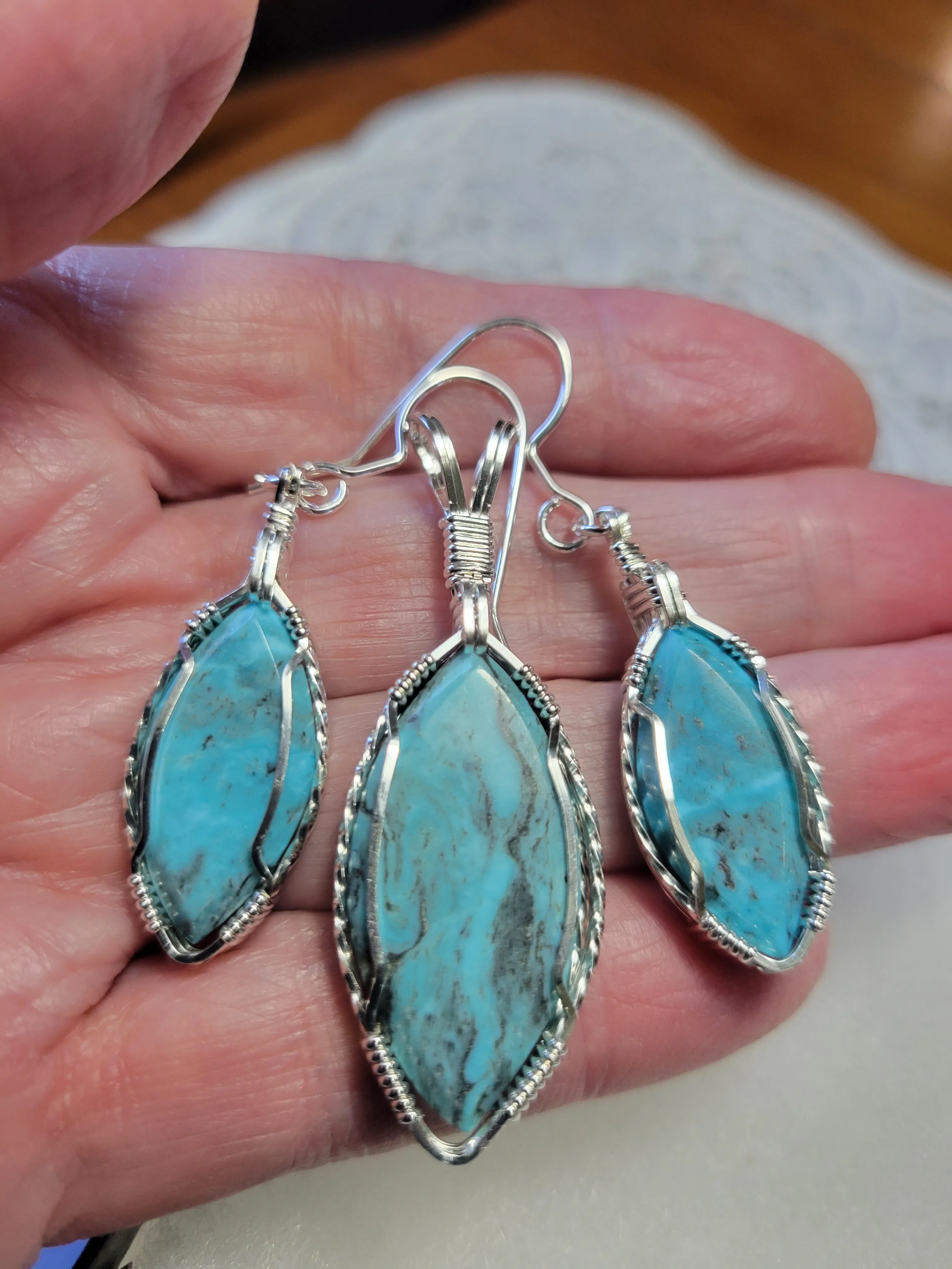 Custom Wire Wrapped Water Web Turquoise Set: Earrings, Necklace/Pendant Sterling Silver