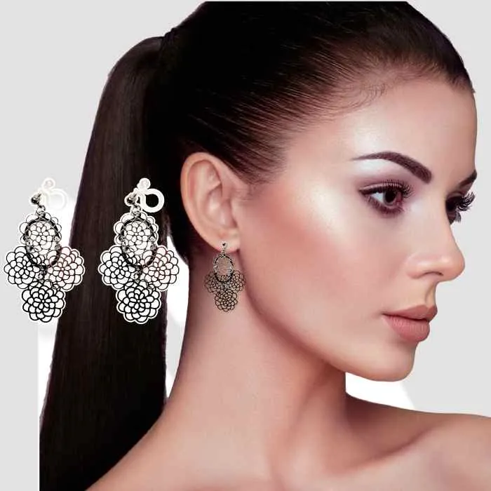 Dangle Large Flower Filigree Invisible Clip On Earrings