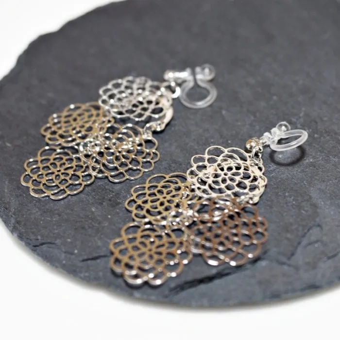 Dangle Large Flower Filigree Invisible Clip On Earrings