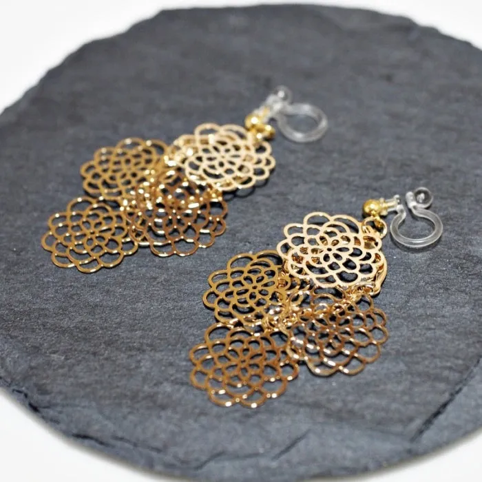 Dangle Large Flower Filigree Invisible Clip On Earrings