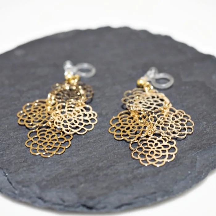 Dangle Large Flower Filigree Invisible Clip On Earrings