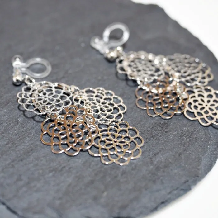 Dangle Large Flower Filigree Invisible Clip On Earrings