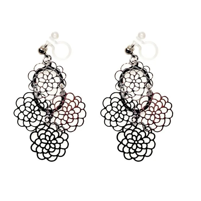 Dangle Large Flower Filigree Invisible Clip On Earrings