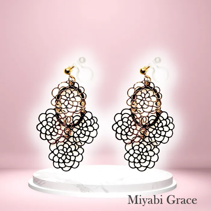 Dangle Large Flower Filigree Invisible Clip On Earrings