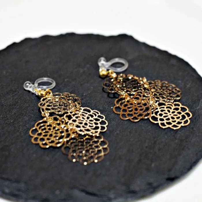 Dangle Large Flower Filigree Invisible Clip On Earrings